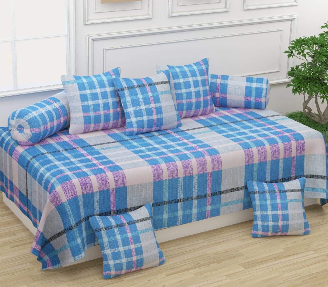 MORADO® 160 TC Glace Cotton 8 Pieces Diwan Set Including 1 Bedsheet, 5 Cushion Covers and 2 Bolster Covers, Sky Blue-image-41