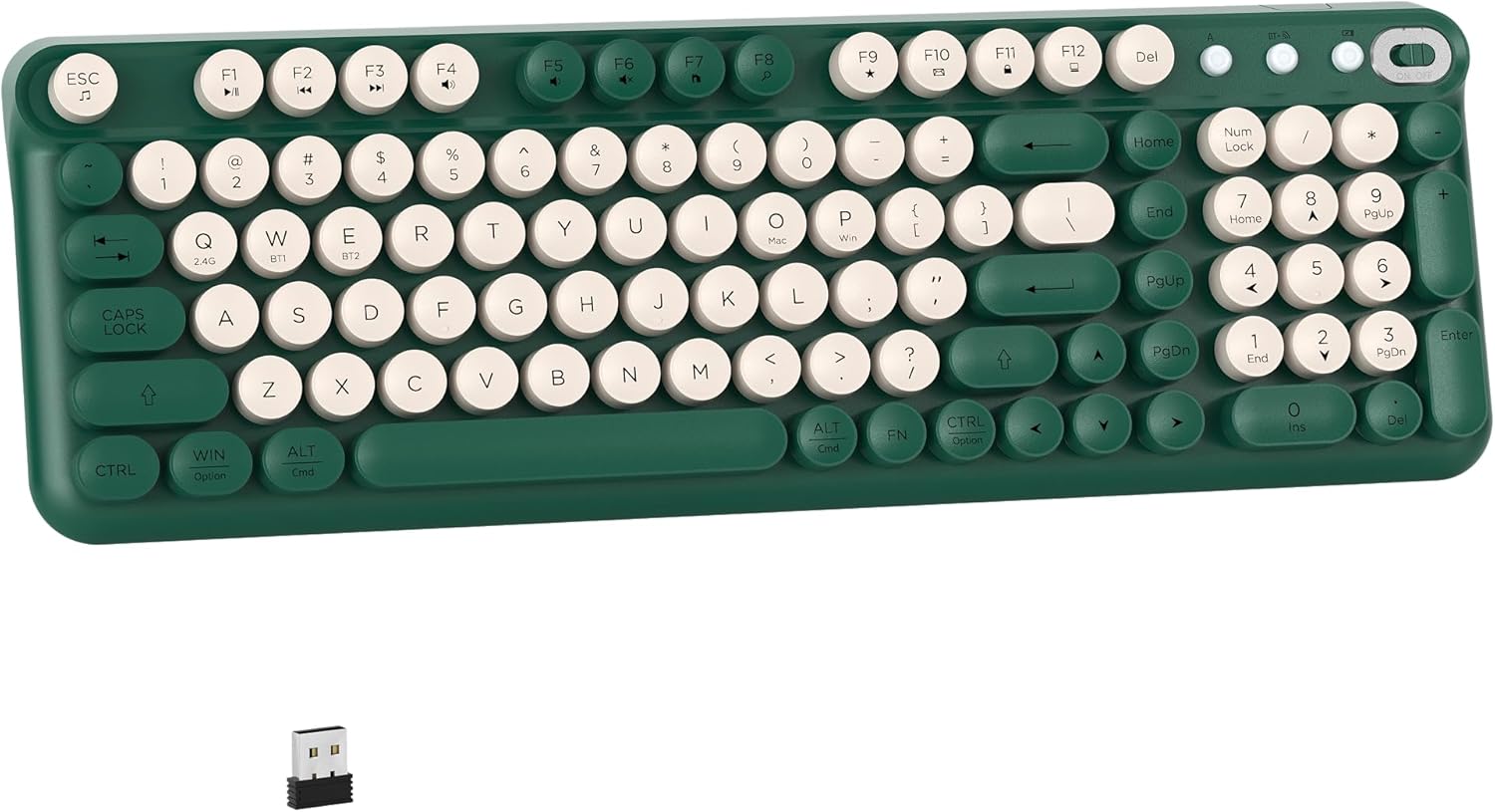 Links9+ Wireless Bluetooth Keyboard, Retro Round Typewriter Keyboard, Dual Mode Bluetooth & 2.4GHz Receiver, Compatible with Windows, macOS, iPad, Android, Laptops, and Tablets (Green)