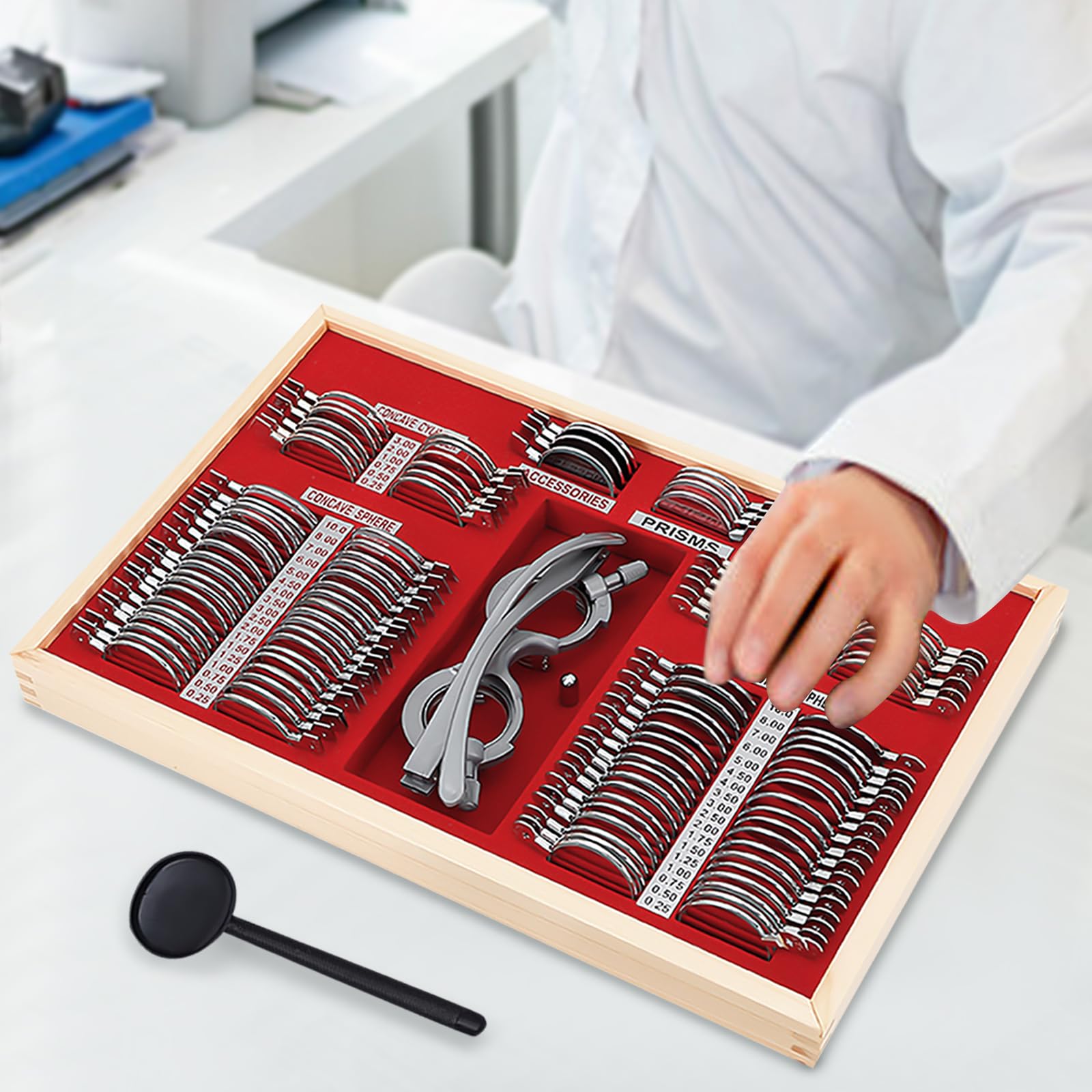 Set di lenti di prova, 104 pezzi, set di lenti di prova ottiche, lenti di prova in metallo, ottiche, per ipermetropia, miopia e astigmatismo