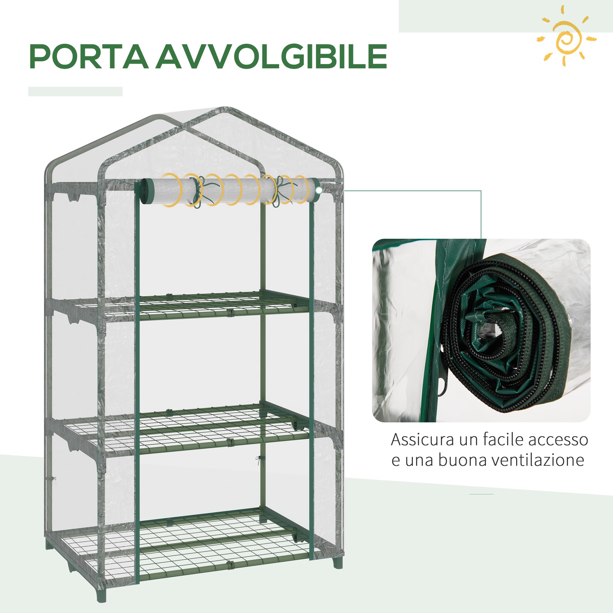Outsunny Mini Serra da Giardino con Rivestimento in Plastica e Telaio in Acciaio, Serra per Piante con 3 Ripiani e Porta a Cerniera, 69x49x125cm, Trasparente