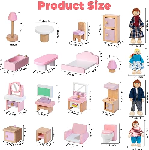 Miniatura 6 de Kizfarm Juego de muebles de casa de muñecas de madera con 4 muñecas familiares, 26 piezas de accesorios de casa de muñecas para 4 habitaciones,