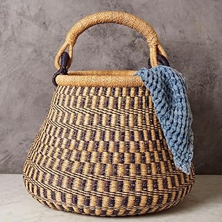 Home & Kitchen Decor, Wicker Basket, Picnic Basket, Living Room Basket, Organizing, Harvesting, Foraging, Fruit Storage, Hand Woven, Pot Shape, 16" Wide, Boho - Natural Navy