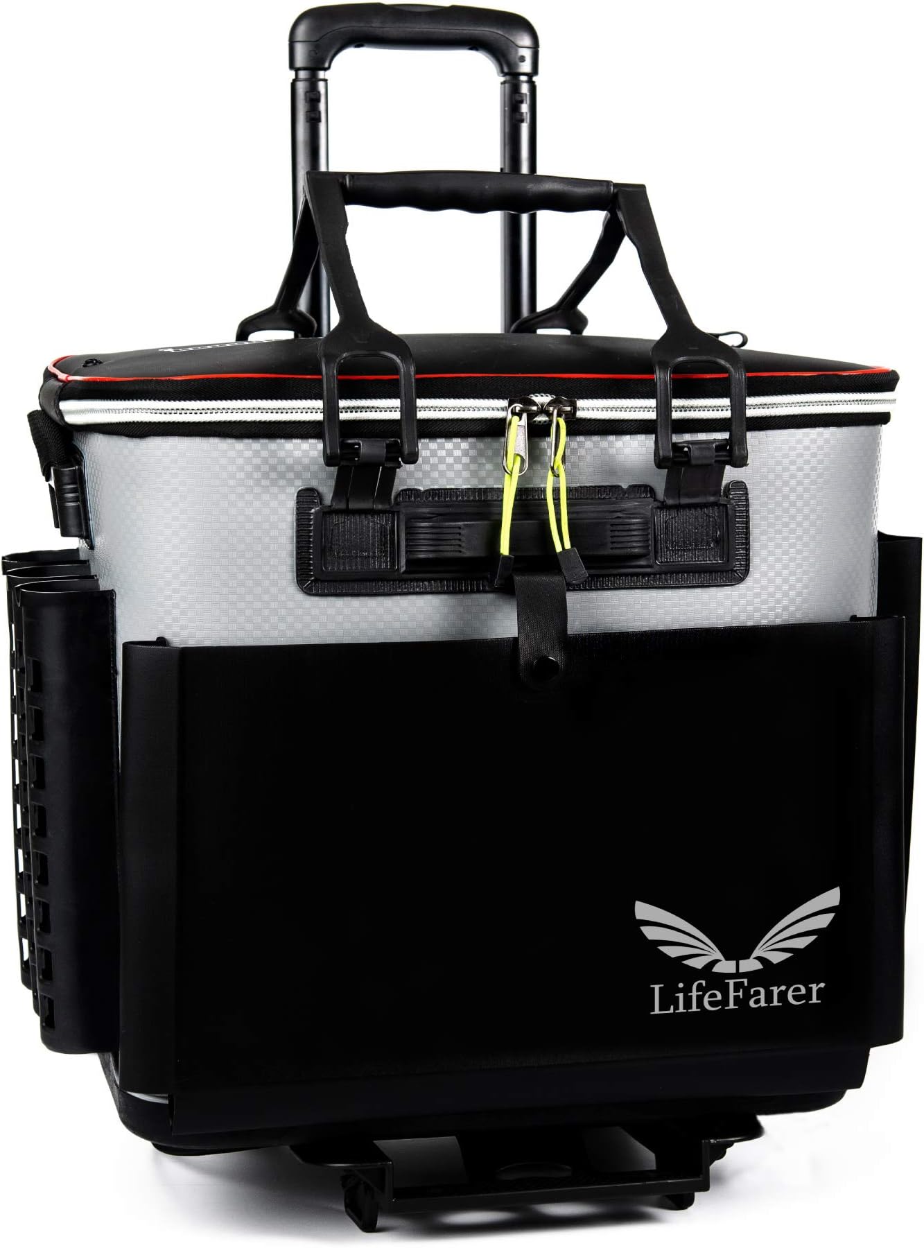 Waterproof Fishing Tackle Bag with Separated Inner Bag for Fish or Gear and Rod Holder โ 3 Ways Carrying Including Roller Wheels Trolley โ Saltwater Freshwater Outdoor Sports Tackling Game