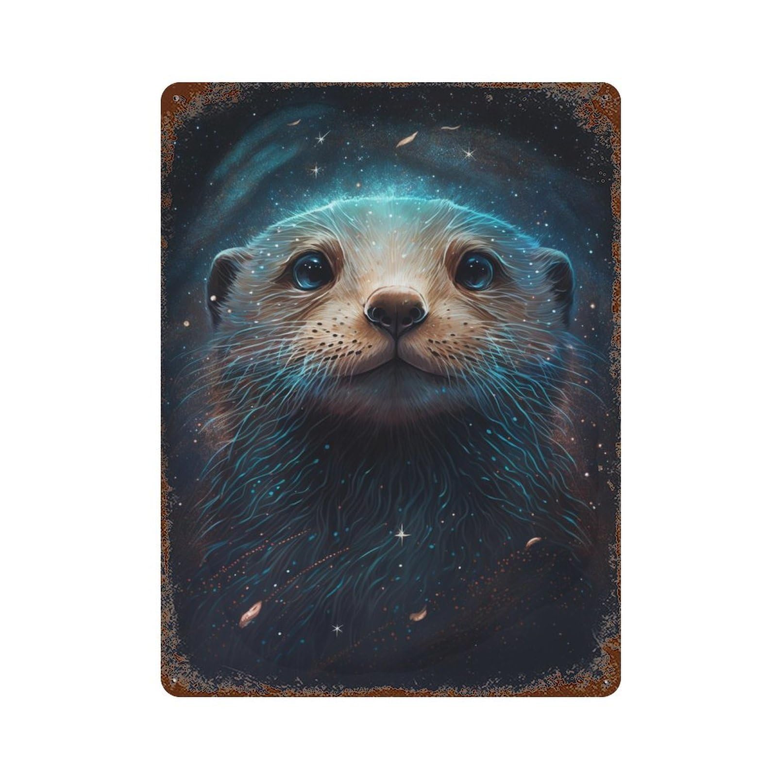 Space Otter Greeting Card 15.7"x11.8" Vintage Metal Tin Sign, Shabby Chic Decor for Office, Studio And Wall Decor