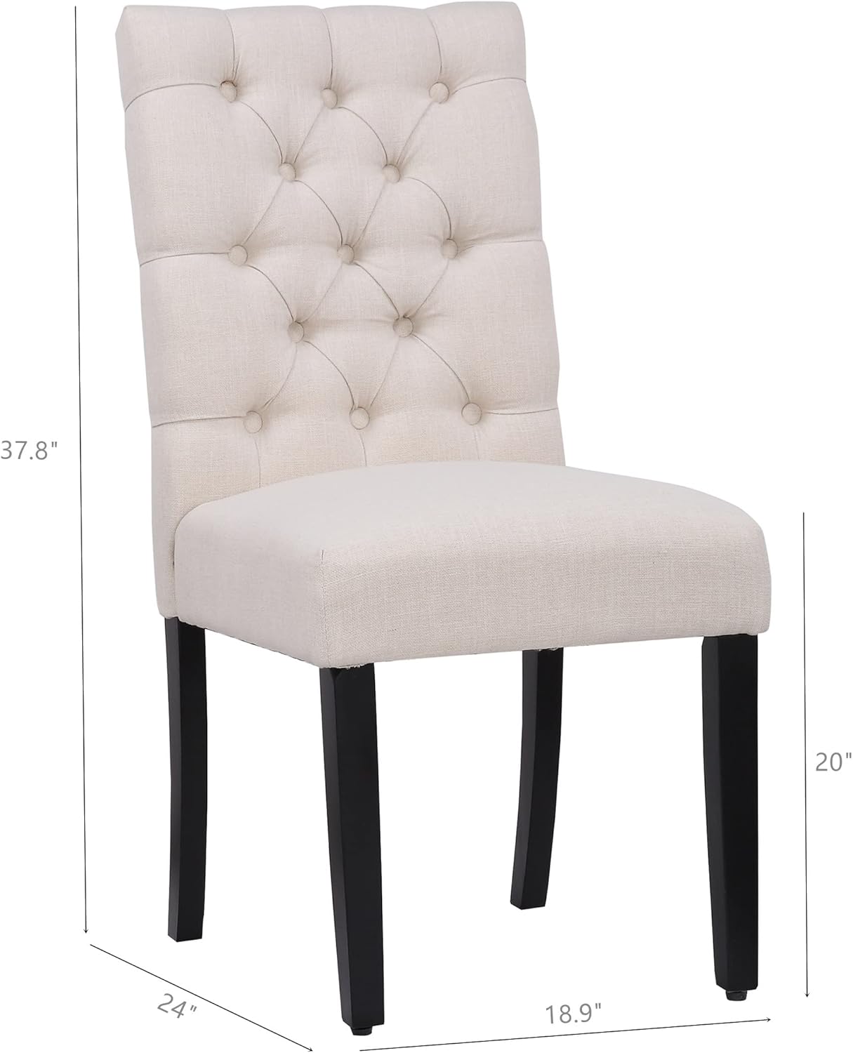 Close-up of tufted backrest of a beige dining chair.