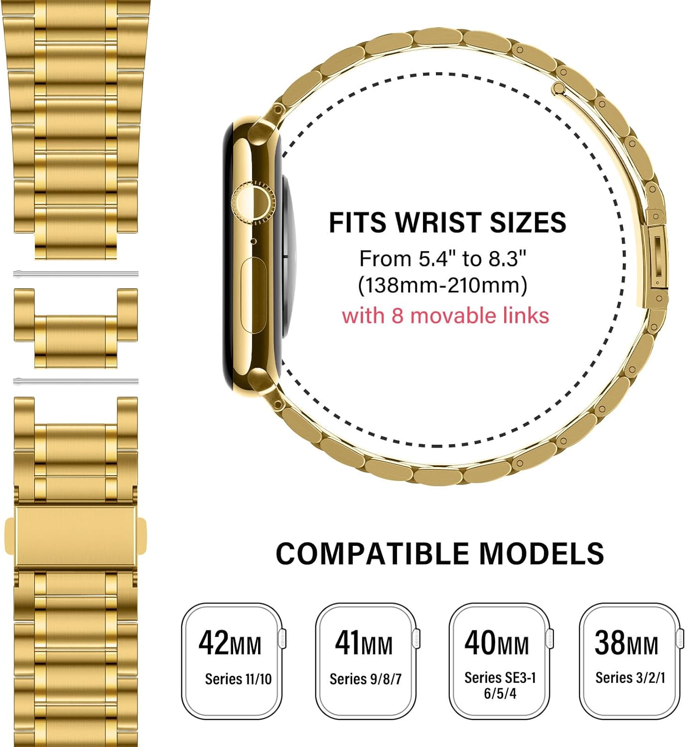 Stainless Steel Bands Compatible with Apple Watch Band 42(Series 11/10)/41/40/38mm, Men/Women Metal Replacement Strap Compatible for iWatch SE3/2/1 Series 11 10 9 8 7 6 5 4 3 2 1, Gold - Image 4