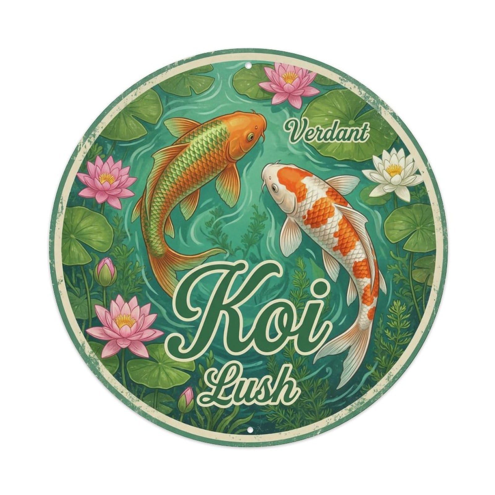 Koi Fish Verdant Lush Green Waters Fresh Vibrant Fertile Metal Tin Sign