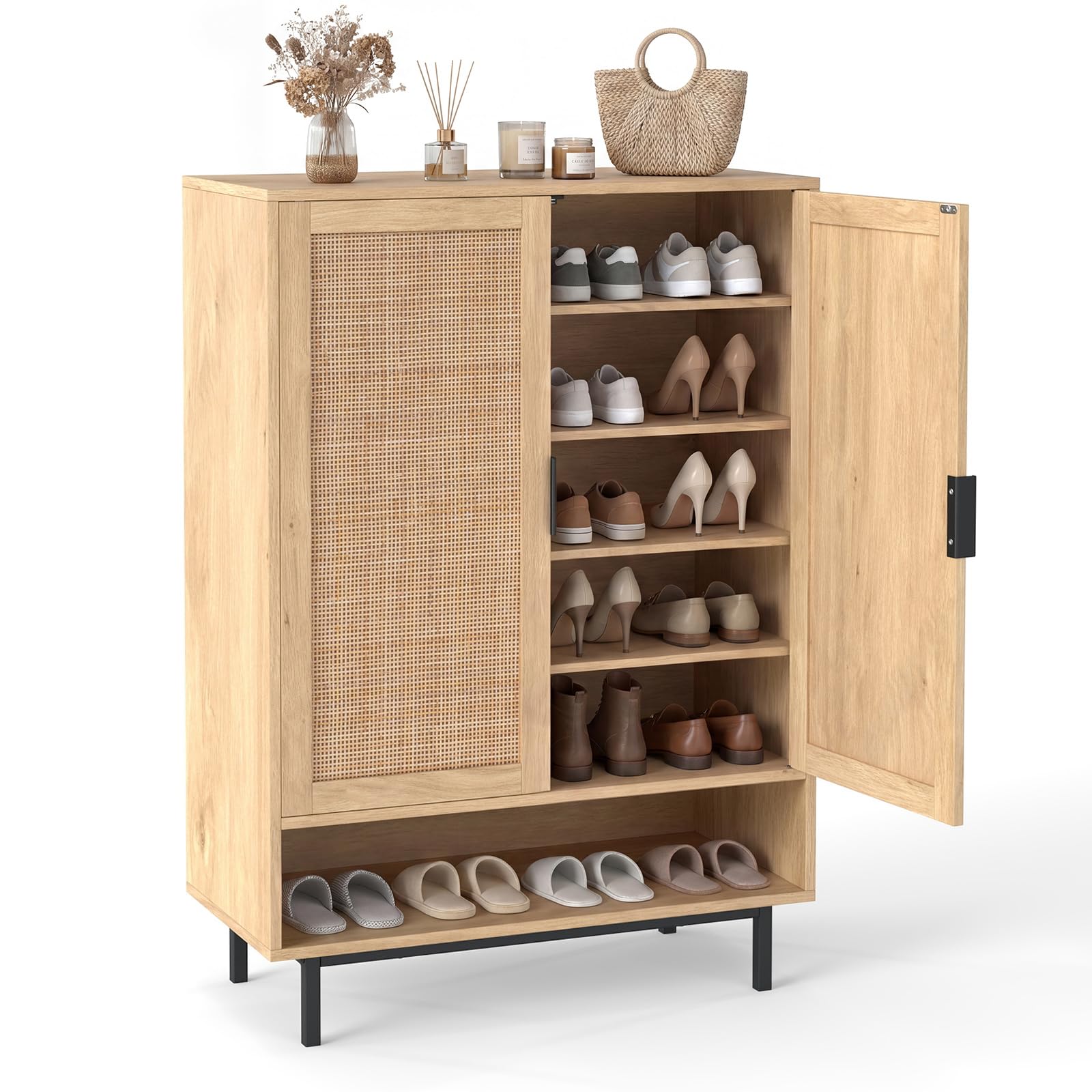 COSTWAY Schuhschrank mit Rattantüren, 75 × 35 × 108 cm, Natur