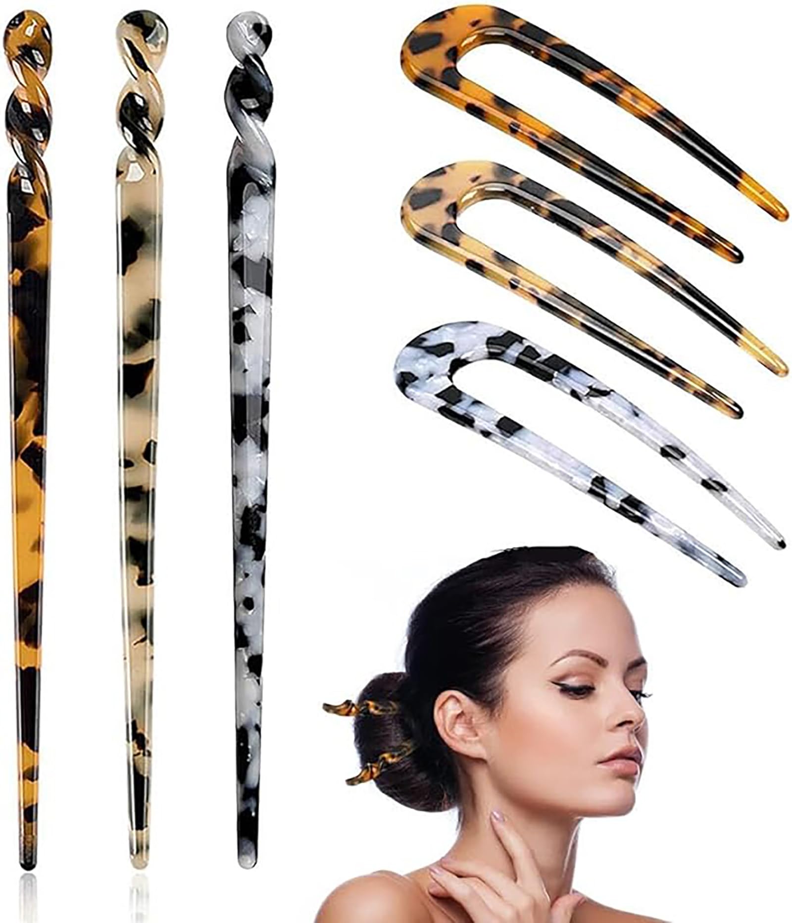 ALMEKAQUZ Acetate Hair Sticks,Vintage Hair Pin Fork Hair Clips for Girls Women,Hair Pins Sticks U-Shaped Straight Chopsticks,Tortoise Shell Hairpin Vintage Hair Chopsticks Retro Hairpins (6Pcs)