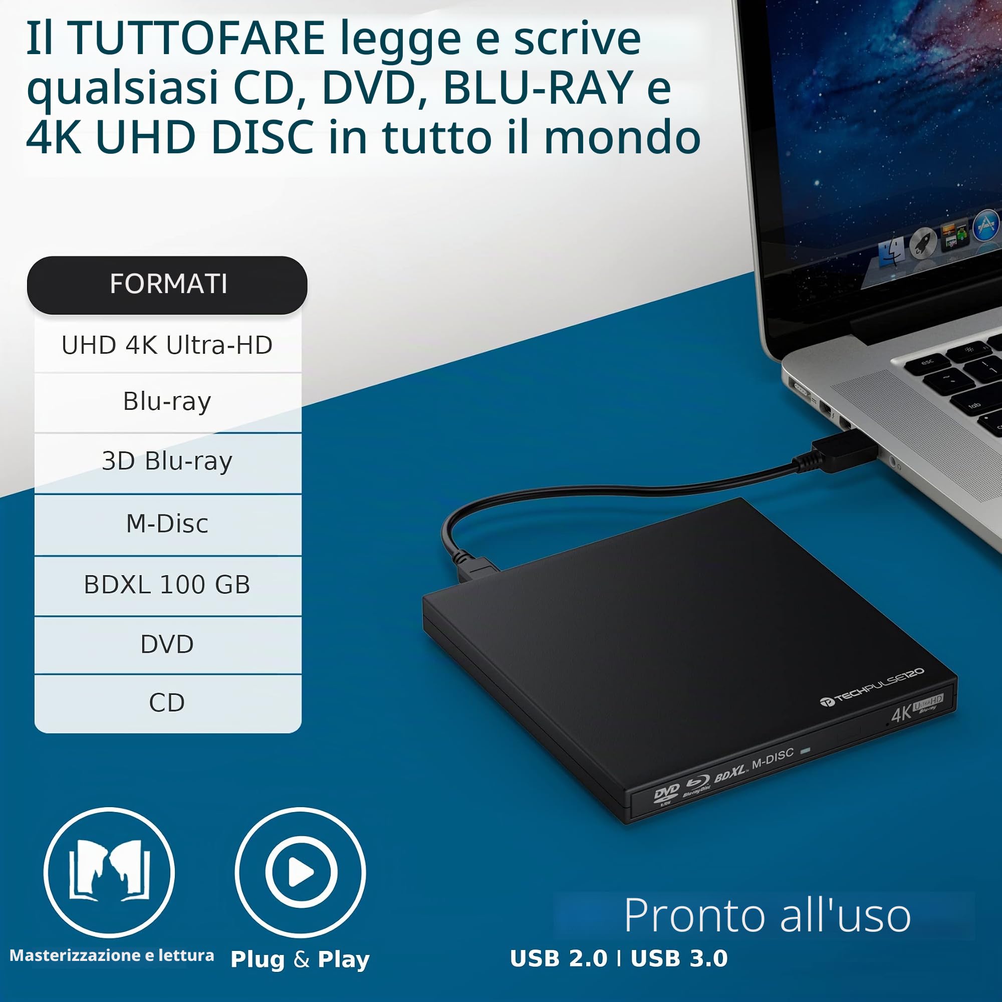 techPulse120 UHD 4k 3D M-Disc BDXL lettore USB 3.0 Blu-ray Burner Superdrive esterno UltraSlim UltraHD Drive BD DVD CD Ultra per Computer Notebook Ultrabook Windows Mac OS Apple iMAC