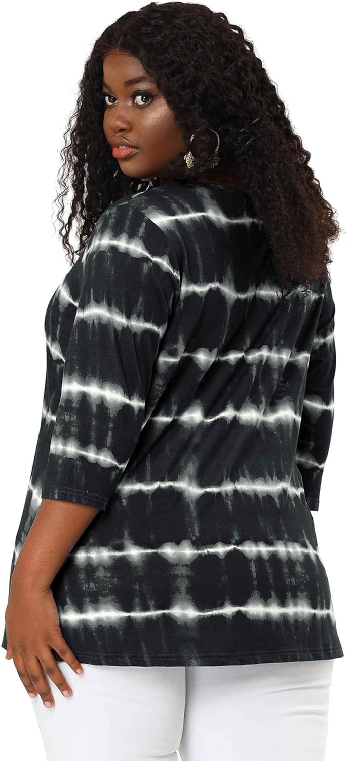 Agnes Orinda Plus Size t Shirt for Women V Neck 3/4 Sleeve Loose Casual Blouse Striped Tie Dye Print Tops - Image 5