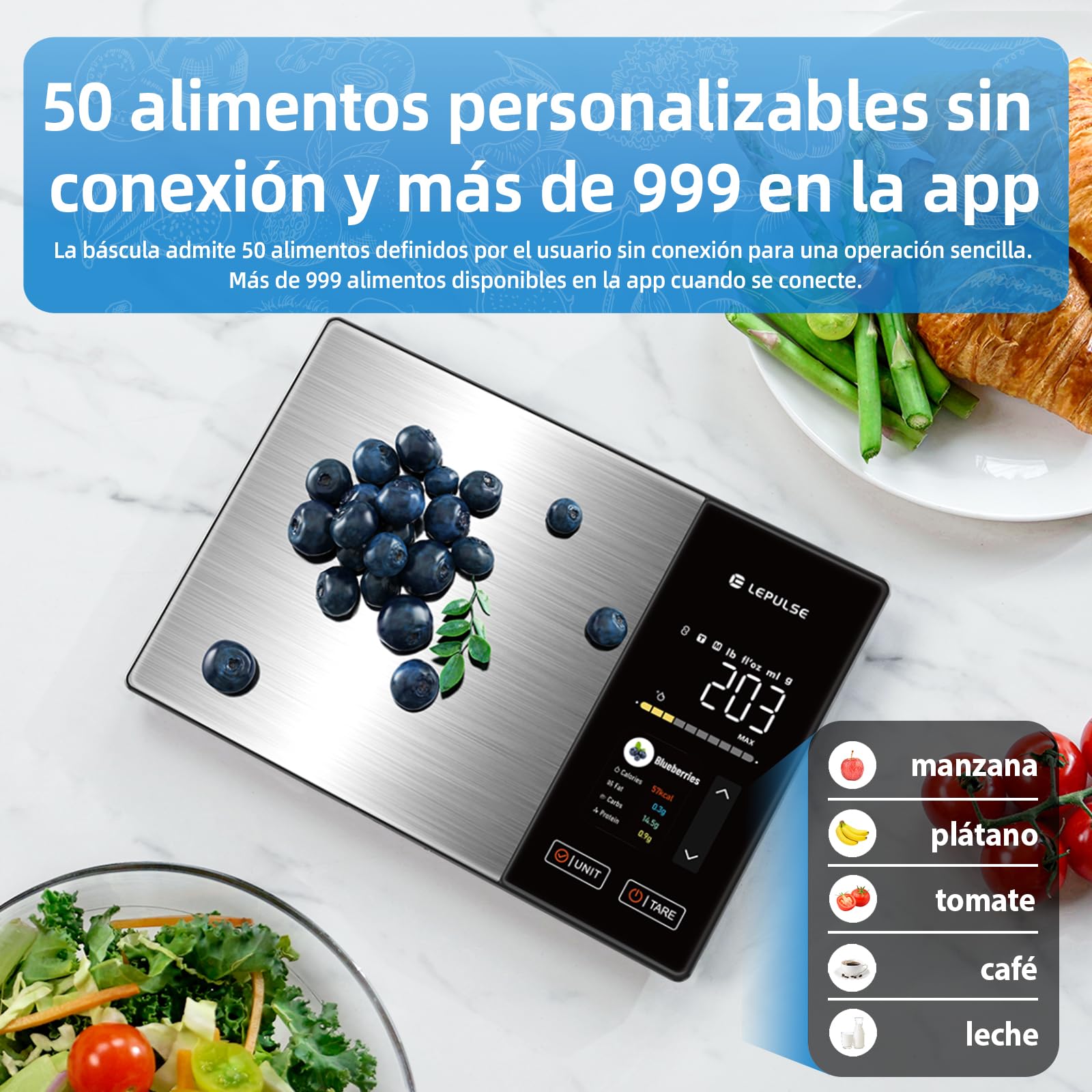 Báscula digital de cocina con cálculo nutricional, báscula de alimentos con 24 análisis nutricionales, báscula nutricional de acero inoxidable de 5 kg, pantalla TFT a color, 50 offline y análisis de