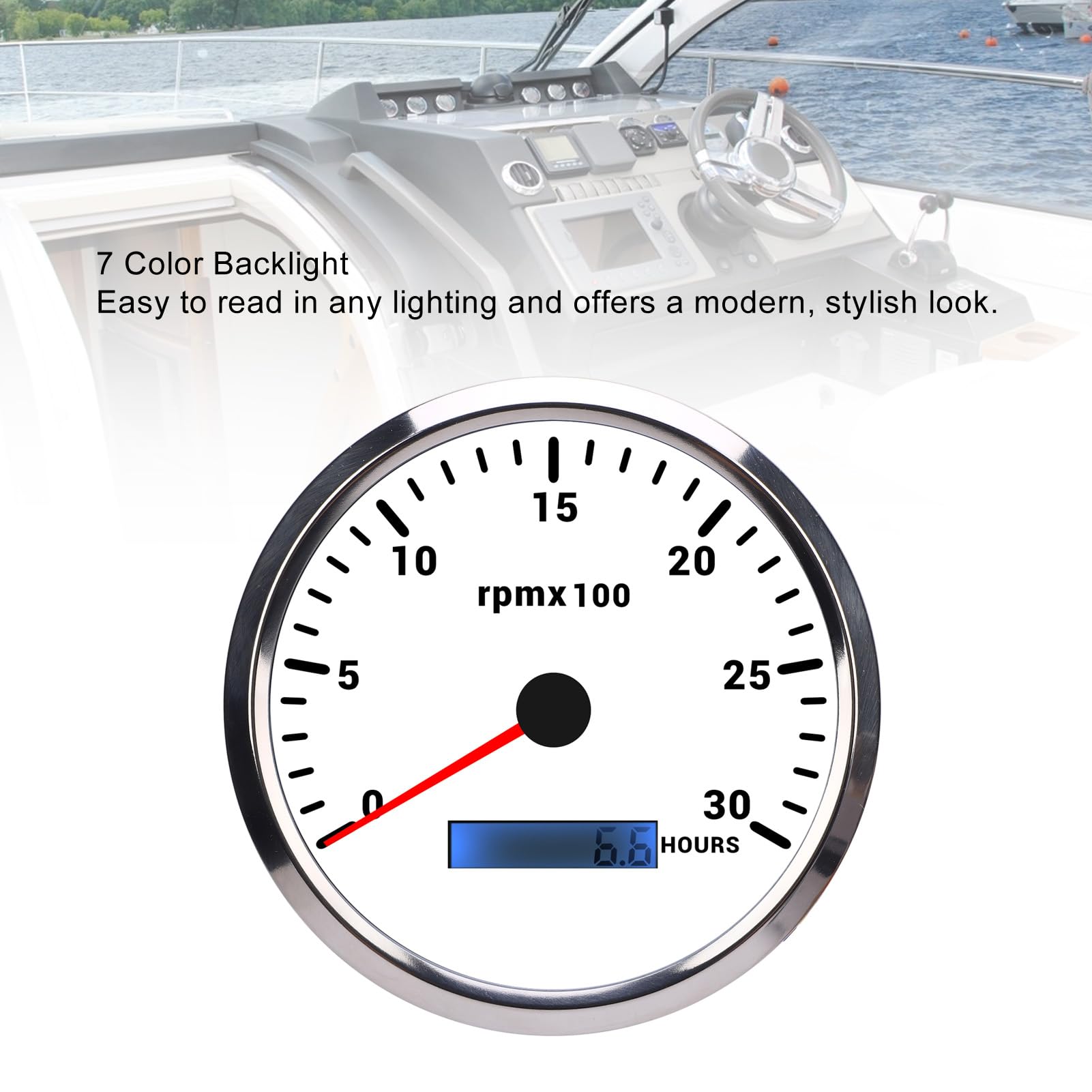 110 Mm 4-3/8 Zoll Drehzahlmesser mit 7-Farben-Hintergrundbeleuchtung, -32 V, 3000 U/min mit Betriebsstundenzähler für Auto, LKW, Boot, Wohnmobil, Zifferblatt, Silberne Lünette (Weißes