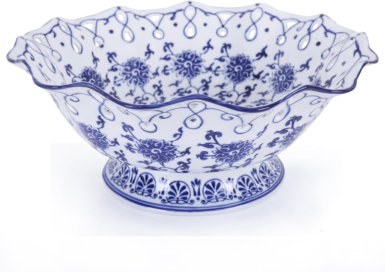 Blue and White Ceramic Fruit Bowl, Chinoiserie Decorative Pedestal Bowl