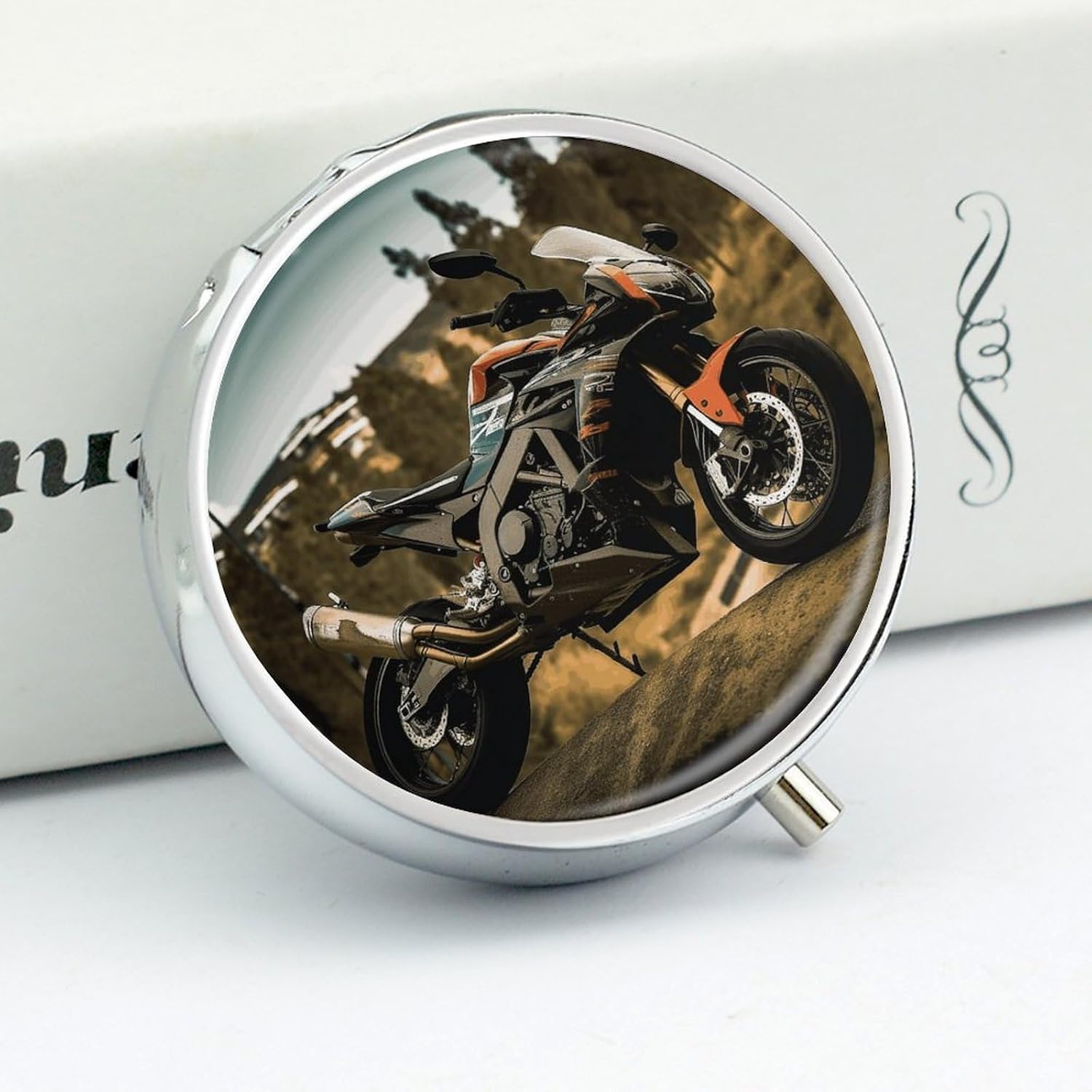 Round Daily Sport Motorcycle Pill Case with 3 Compartment & Mirror image 4