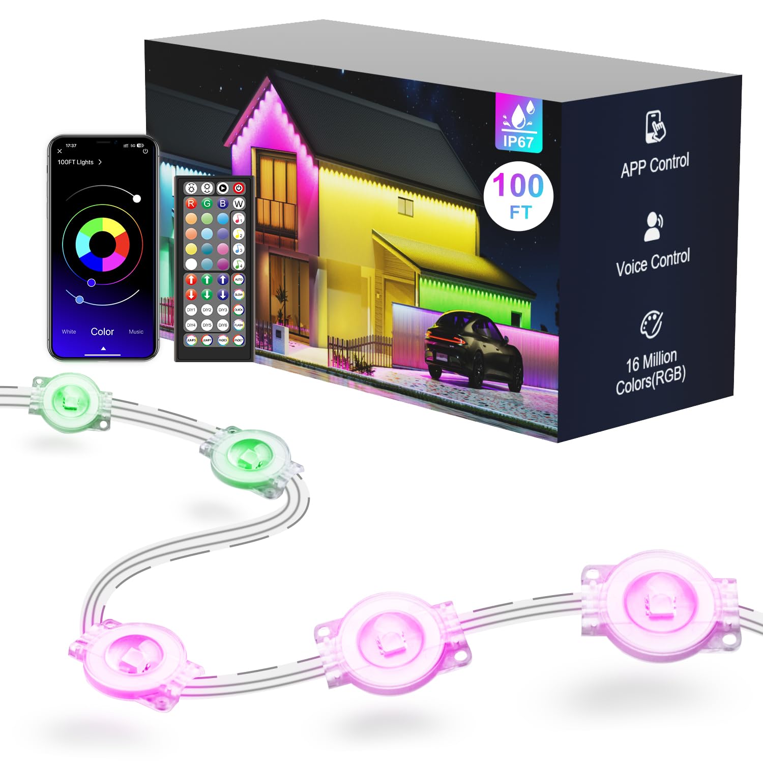 Fussion Permanent Outdoor Lights for House, 100ft RGB Halloween House Lights Outdoor with APP Remote Control, IP67 Waterproof Smart Eternity Eaves