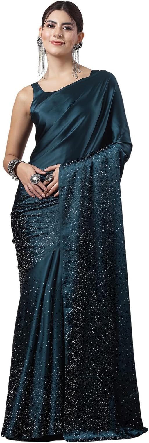 Women's Satin Silk Hot Fixing Saree with Unstitched Blouse Piece