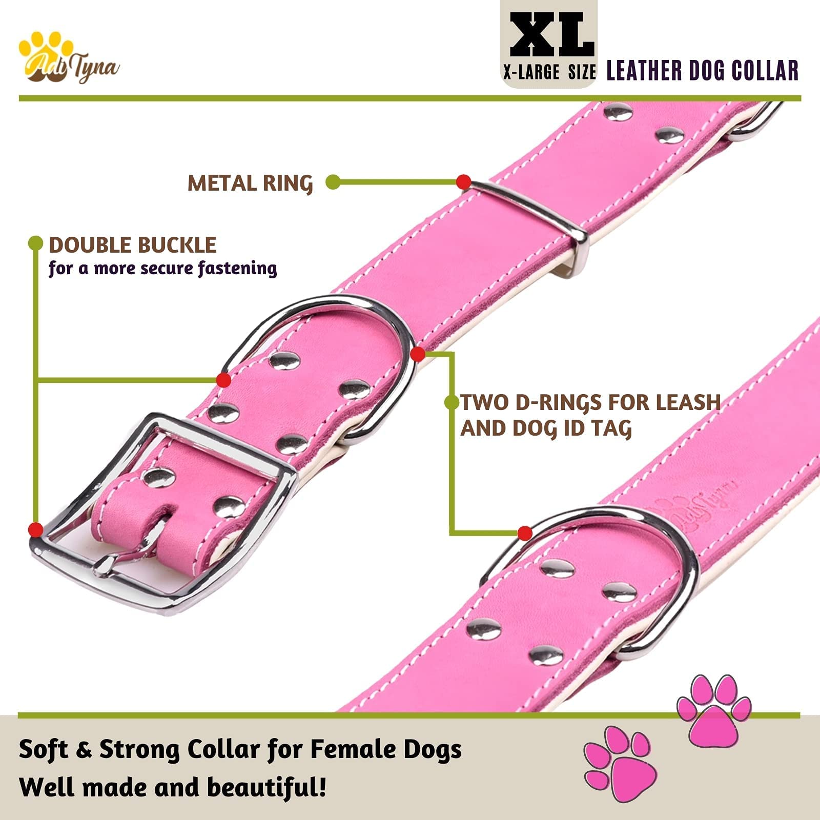 ADITYNA Collar de perro de cuero rosa de alta calidad para perros extra grandes, collar de perro acolchado con 100% piel auténtica, collares de perro grandes suaves y fuertes (rosa, XL)