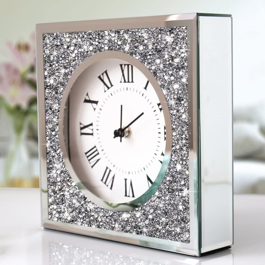 ALLARTONLY Desk Clock Wall Clock 8x8x2Inch Crushed Diamond Mirrored Clock Table Top Decorative Clock for Home Decoration. AA Battery not Included
