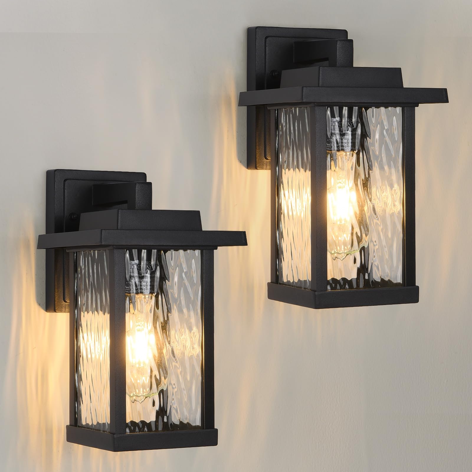 Smeike Outdoor Wall Light Fixtures, Modern Exterior Wall Mount Lanterns, Outside Wall Sconces in Black Finish with Water Ripple Glass for Porch Patio Farmhouse, 2-Pack