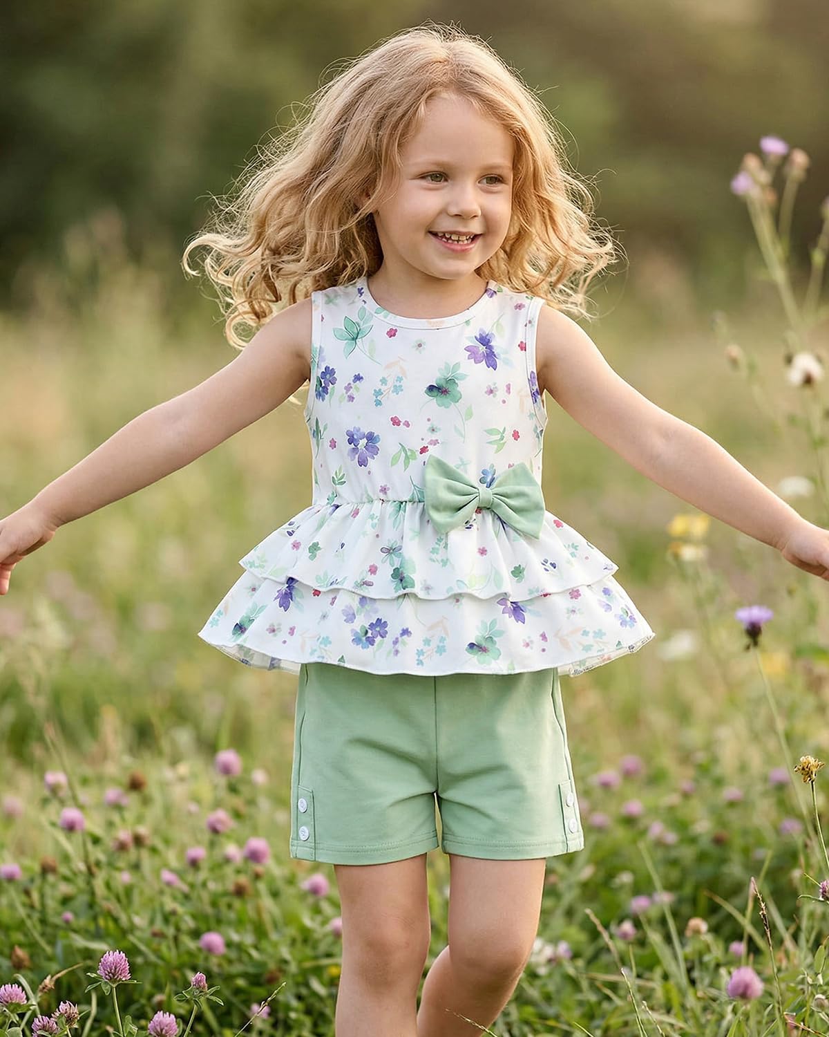 FishingDino Baby Mädchen Kleidung Sommer Set Gr 92-110, Ärmelloses Blumen Schößchen Top & Shorts Kinderkleidung, Süße Babykleidung Mädchen für Daily Wear