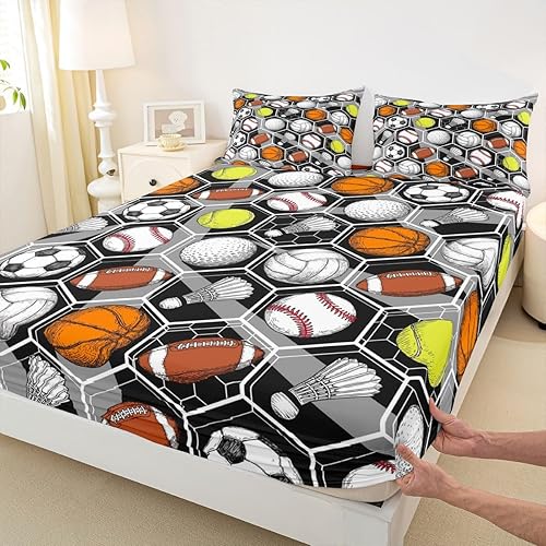 Miniatura 6 de Juego de ropa de cama para juegos de pelota, básquetbol, fútbol, sábana bajera hexagonal, geométrica, deportiva, sábana plana, béisbol, tenis,