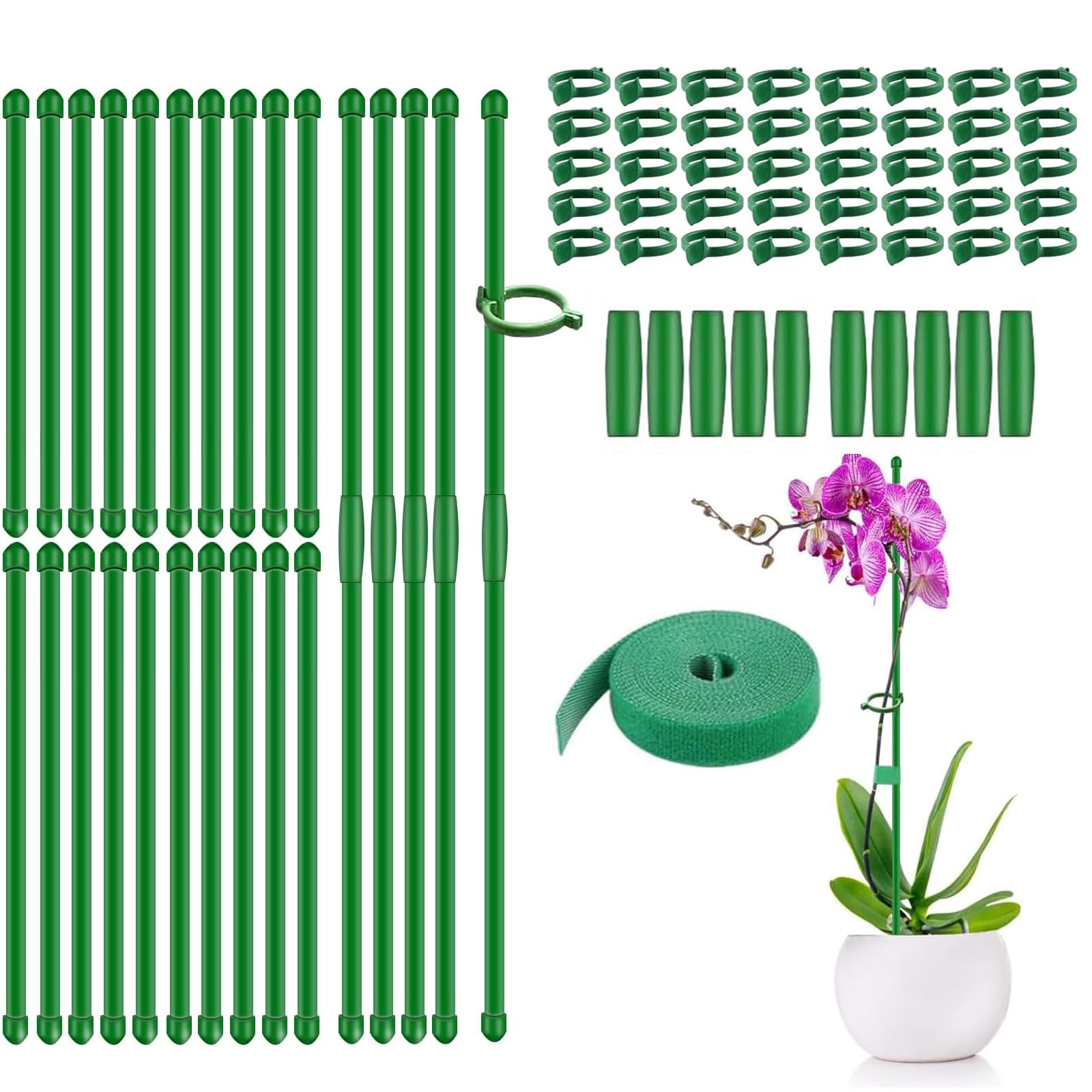 KAIYOCA Adjustable Plant Support Stakes, 30cm Garden Orchid Sticks, 71pcs Plant Support Stakes with Clips for Indoor Outdoor Potted Tomato Rose Amaryllis Vegetables Comes with 2M Velcro