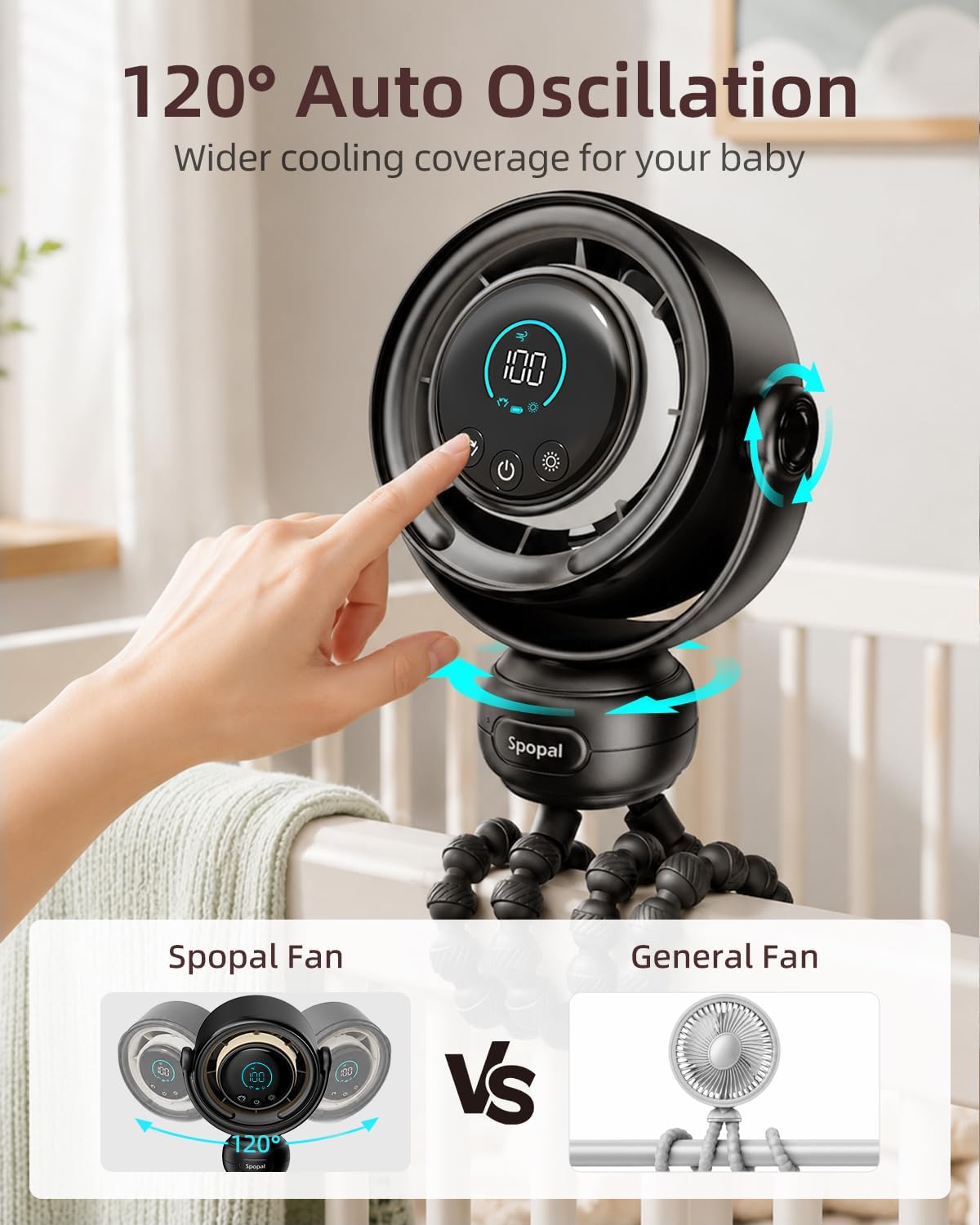 Spopal Portable Baby Stroller Fan, 4000mAh Rechargeable 100-Speed Quiet with LED Display Clip Fan for Stroller, 3-Level Night Light, Powerful Cooling Fan for Car Seat, Crib, Travel - Black