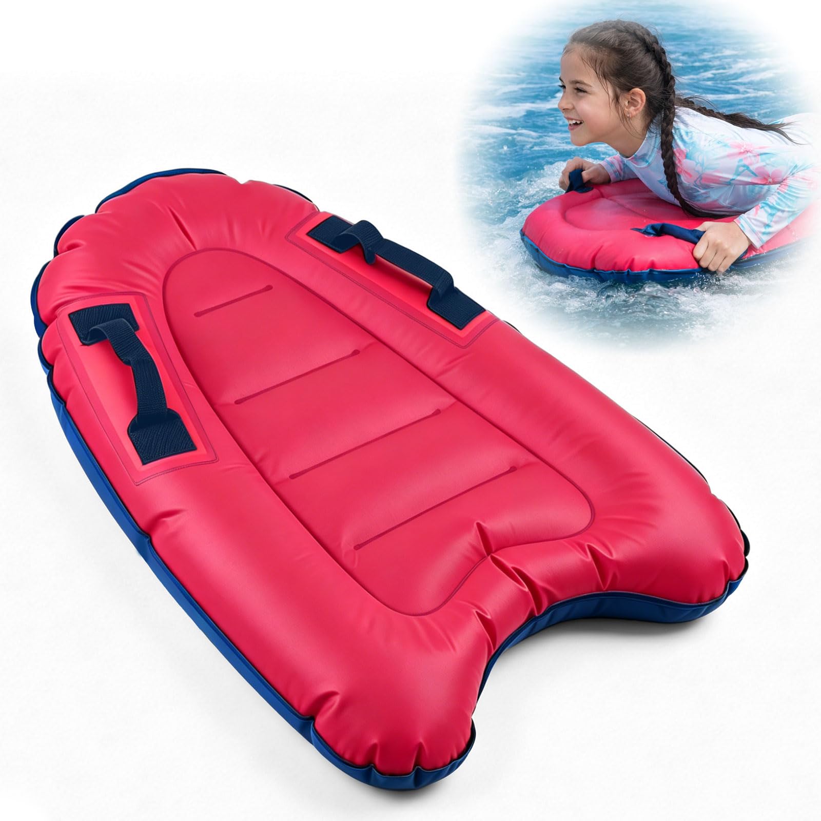 Bocguy Bodyboard Aufblasbar, 75 x 65 x 15 cm Surfbrett Aufblasbar, Schwimmbrett Aufblasbare, Faltbar Bodyboard Kinder mit Griffen zum Strandsurfen Pool Schwimmen Sommer Wassersport