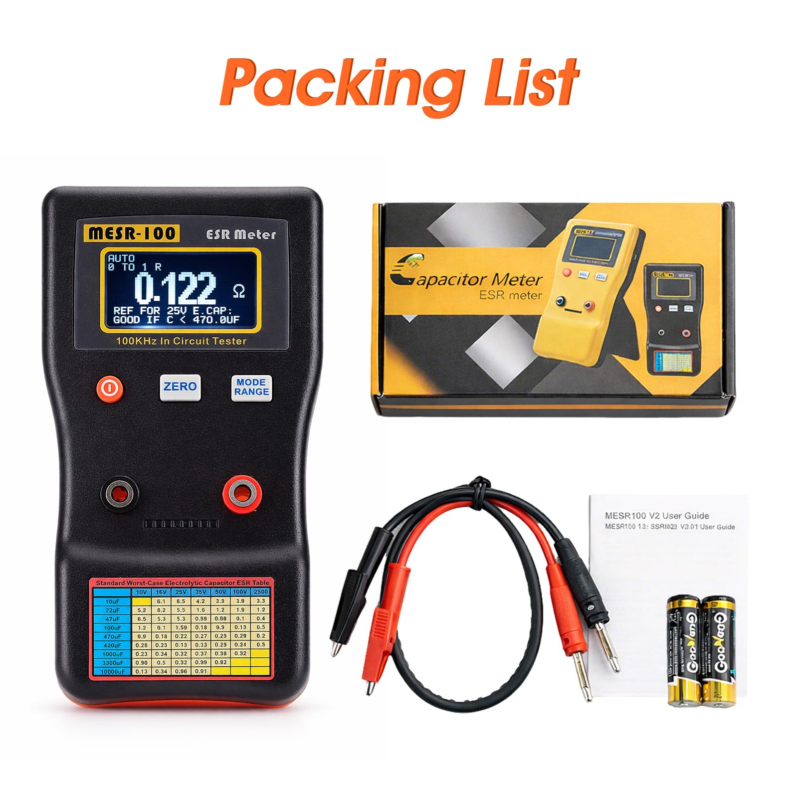 Testeur ESR à condensateur ESR 0,001 ~ 100,0 Ω, ESR 100 KHz onde sinusoïdale portable, condensateur LCD ESR, compteur de capacité pour réparation électronique