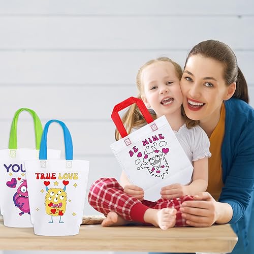 Miniatura 7 de JarThenaAMCS 12 bolsas reutilizables para colorear para el día de San Valentín con asa y bolígrafos de acuarela, colorea tu propia bolsa de regalo