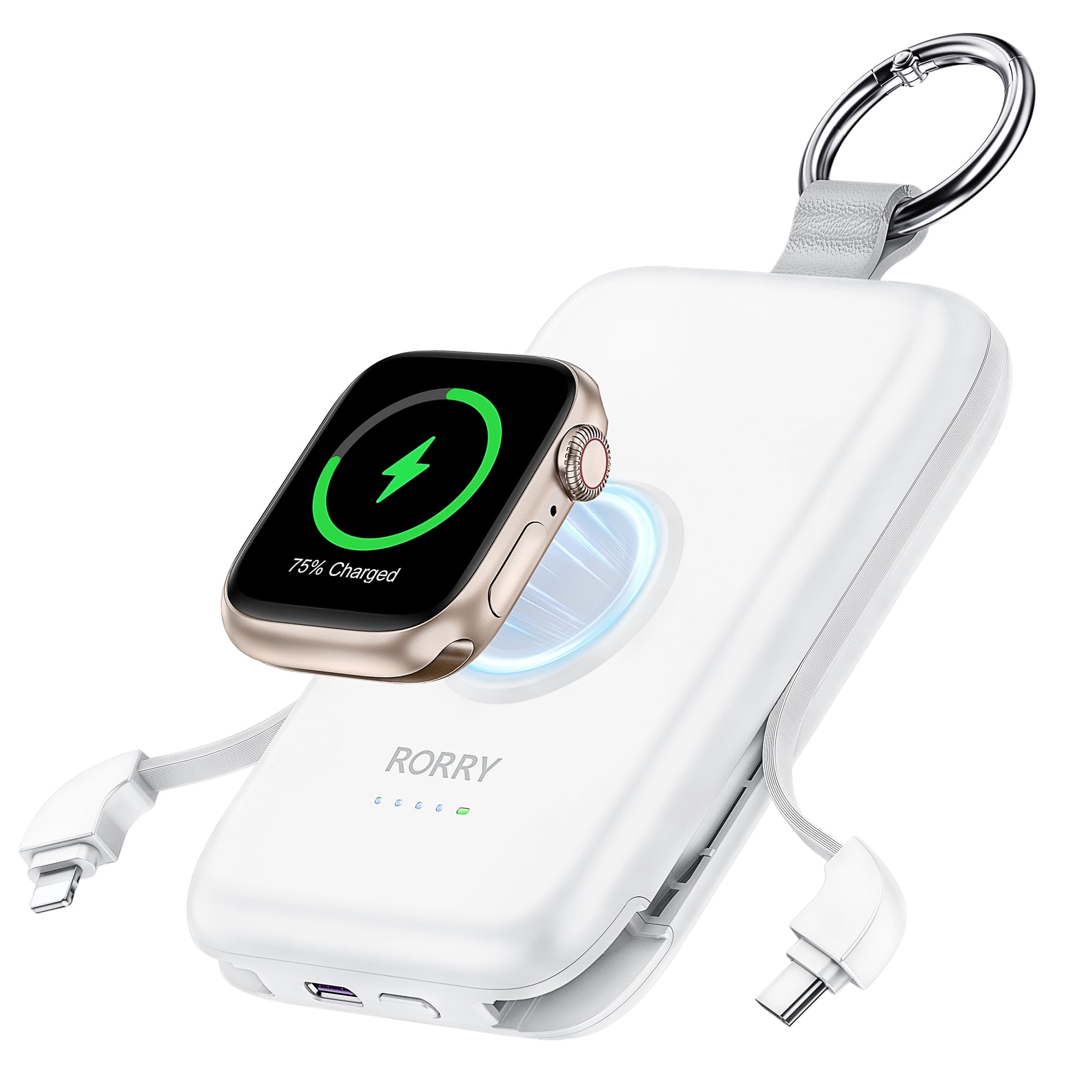 RORRY Portable Charger, 10000mAh PD 20W Fast Charging Portable Charger Power Bank with Built in Cables, Travel Battery Pack for iPhone 15/14/13/12/11 and Apple Watch Ultra/9/8/7/6/5/4/3/2, White
