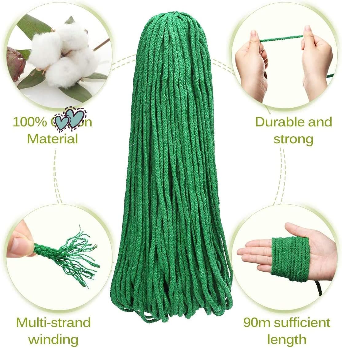 GEMITTO Macrame Cord 5mm 98YD 8-Strands Natural Cotton Macrame Rope, Soft Cord Craft Knitting Braiding Thread, for Wall Hanging Tapestry Decor, Plant Flower Pot Hangers (8 Strands, Green)