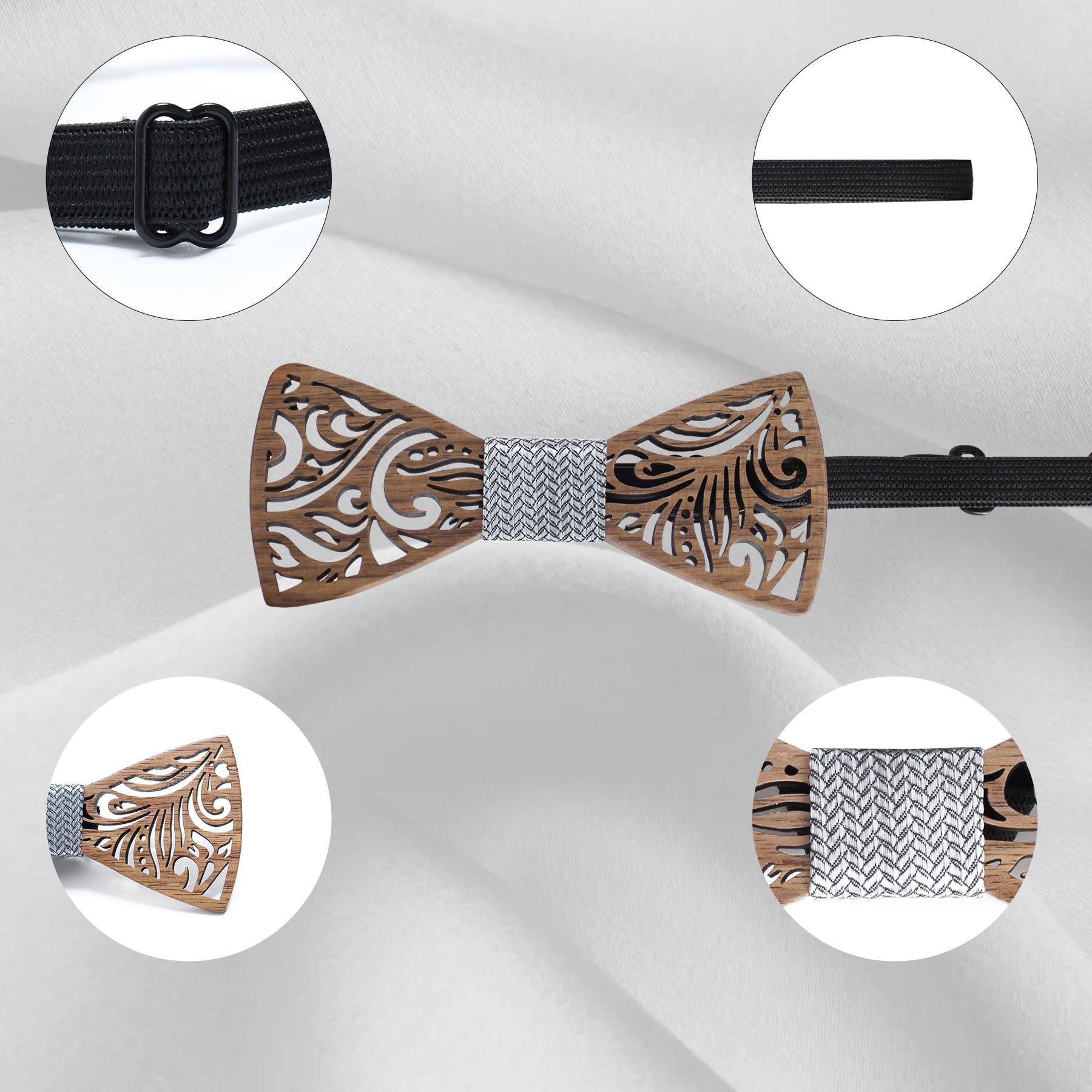 Lot de 3 nœuds papillon en bois avec boutons de manchette, foulard carré (3 pièces) - Design ajouré unique - Convient pour une utilisation dans plusieurs scènes