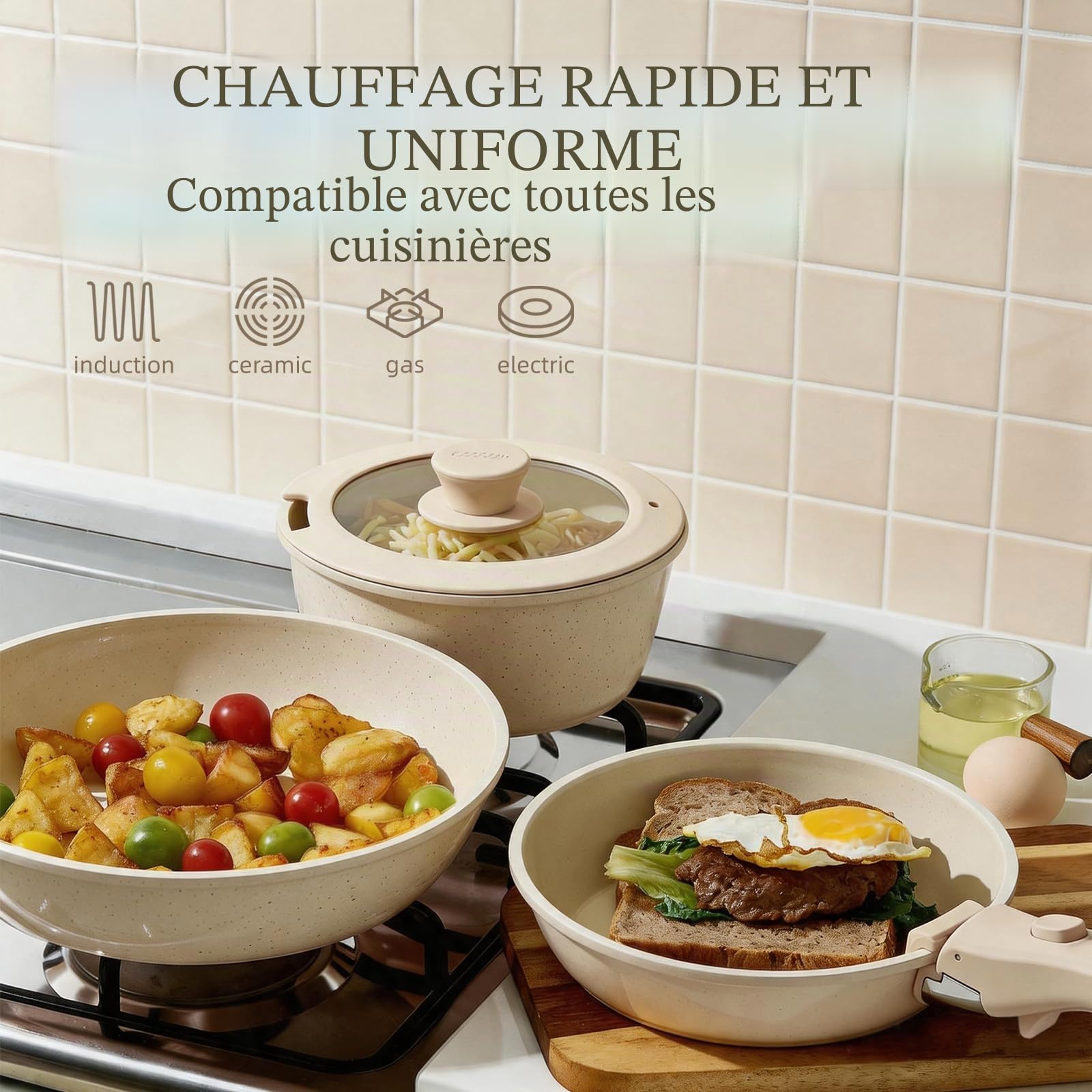 Set de 8 Pièces Casseroles et Poêles Antiadhésifs en Céramique, Sans PFOA — Compatible avec Induction/Gaz, Poignées Amovibles, Conception Empilable et Lavable au Lave-Vaisselle Blanc crème