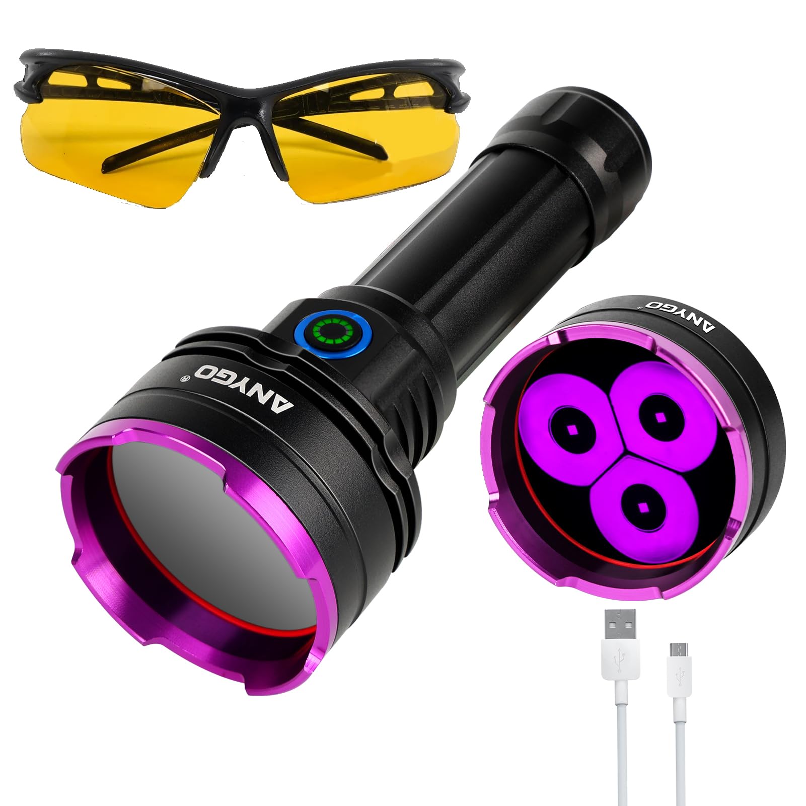Linterna UV de alta potencia de 365 nM, linterna de luz negra de 30 W, linterna LED ultravioleta brillante UV para exteriores, hogar e inspección, detección de orina de mascotas, mineral y jade