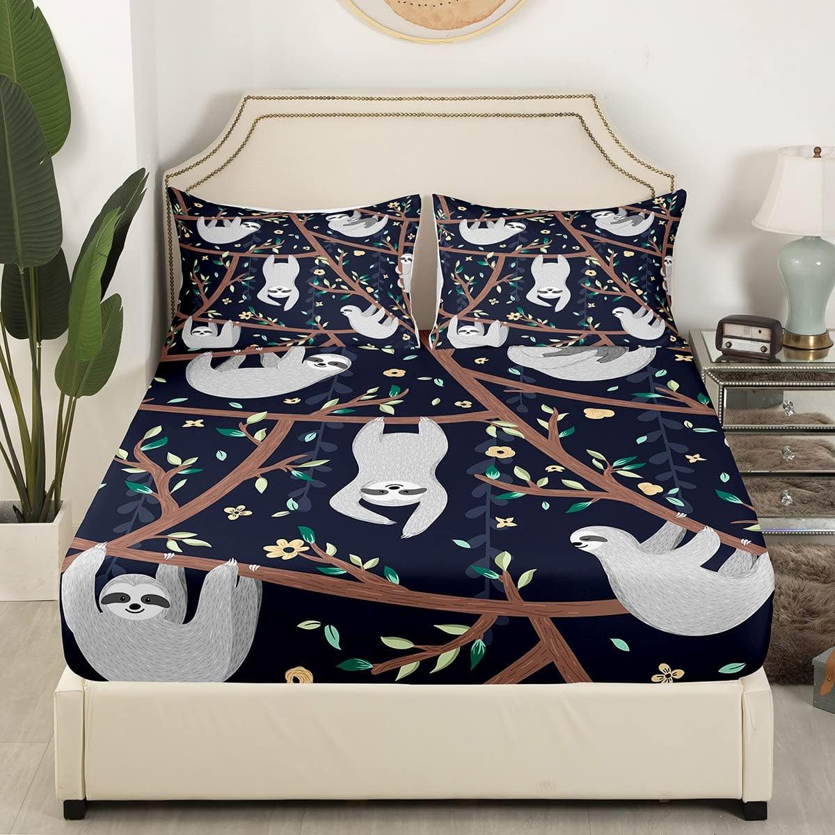 Feelyou Cute Sloth Bed Sheet Set Sloth Print Bedding Set Cartoon Sloth Fitted Sheet Sloth Gifts Black Flat Sheet for Kids Boys Girls Adults Twin Size with 1 Pillow Case