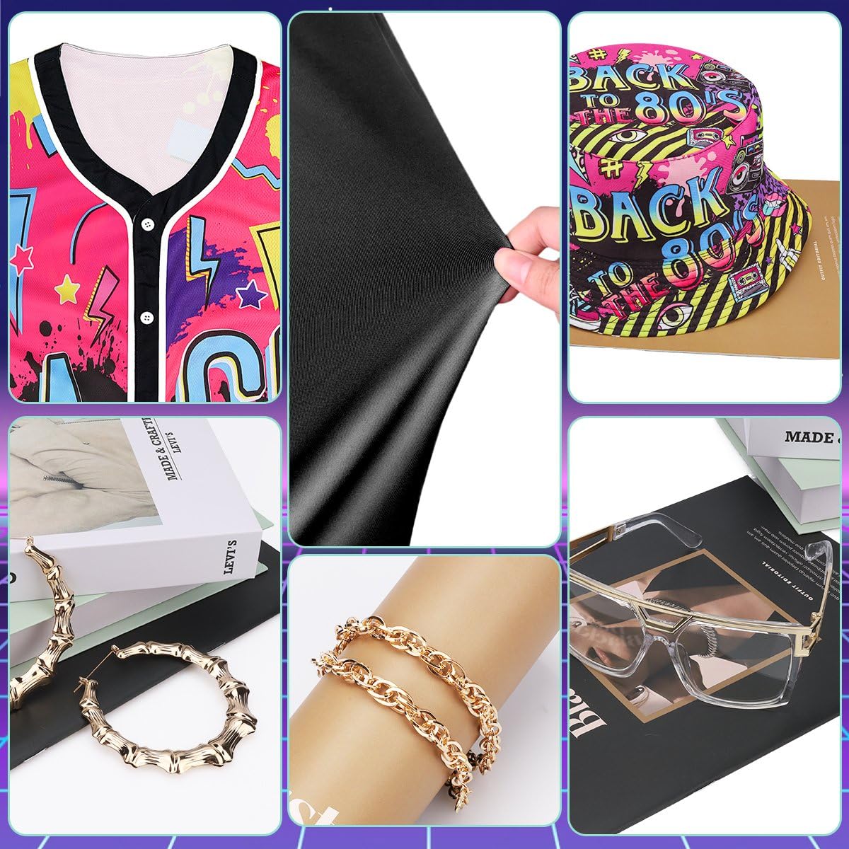 WILDPARTY 80s 90s Hip Hop Costume Outfit for Women Baseball Jersey Shirt Yoga Pants Bucket Hat Gold Chain Rapper Accessories 1990s 1980s Neon Clothes Retro Party Pattern-N M - Image 4