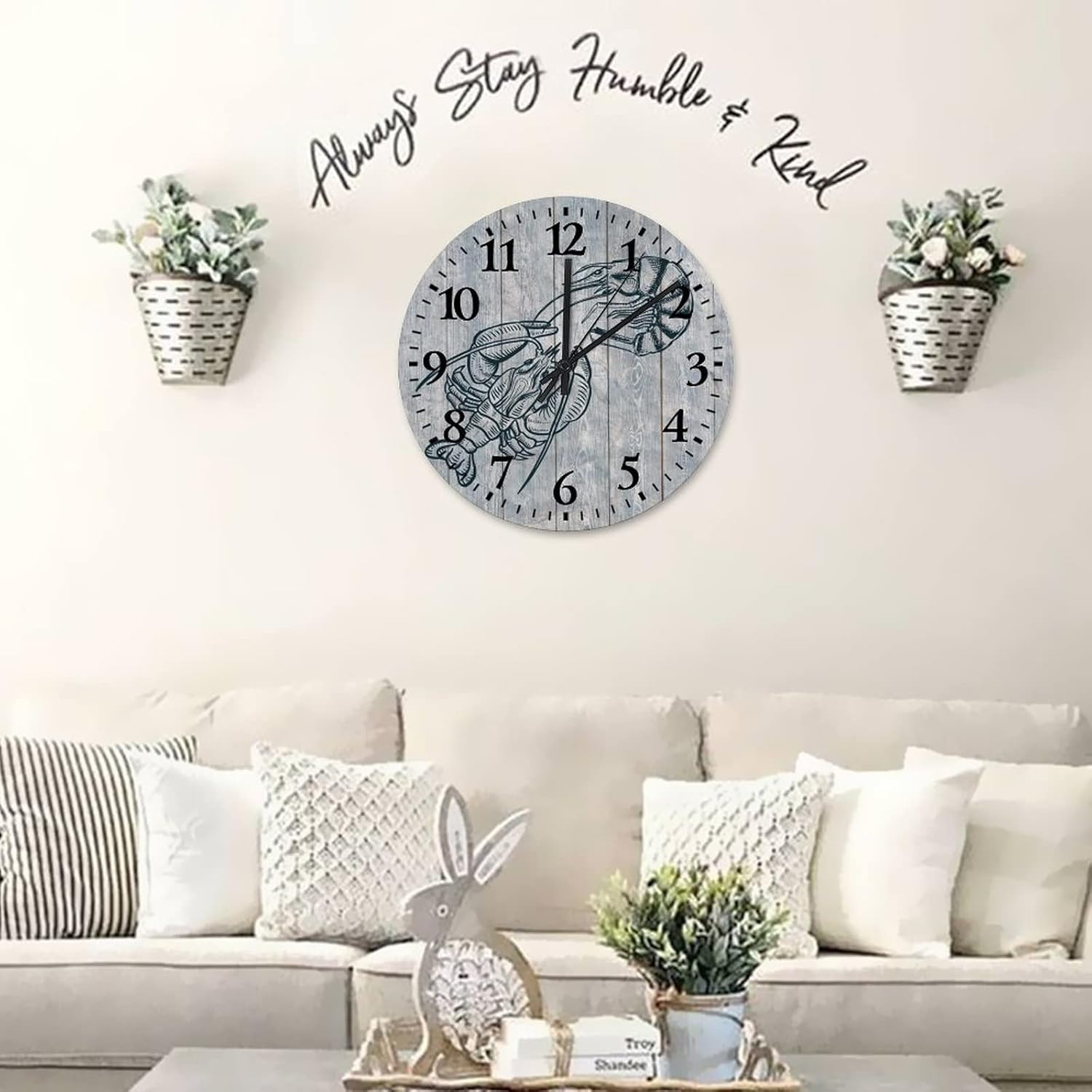 15 Inch Ocean Animal Lobster Clock Quartz Non Ticking Novelty White and Blue Starfish and Seashell Rustic Wood Wall Clock Arabic Numeral Round Clock for Living Room Kitchen Bedroom