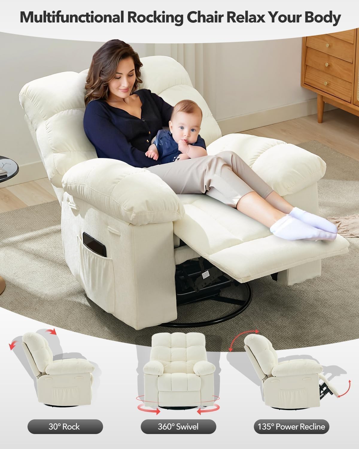 Rocking Recliner Chair, 360° Swivel Rocker Chair, Chenille Upholstered Glider Chair with Side Pockets, q235 Steel Frame Lazy Boy Recliner Single Sofa for Living Room, Nursery, Small Spaces, Beige