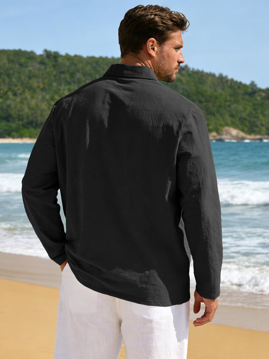 Men’s Linen Polo Shirts Long Sleeve Yoga Tops Casual Summer Hippie Beach T-Shirts - Image 4