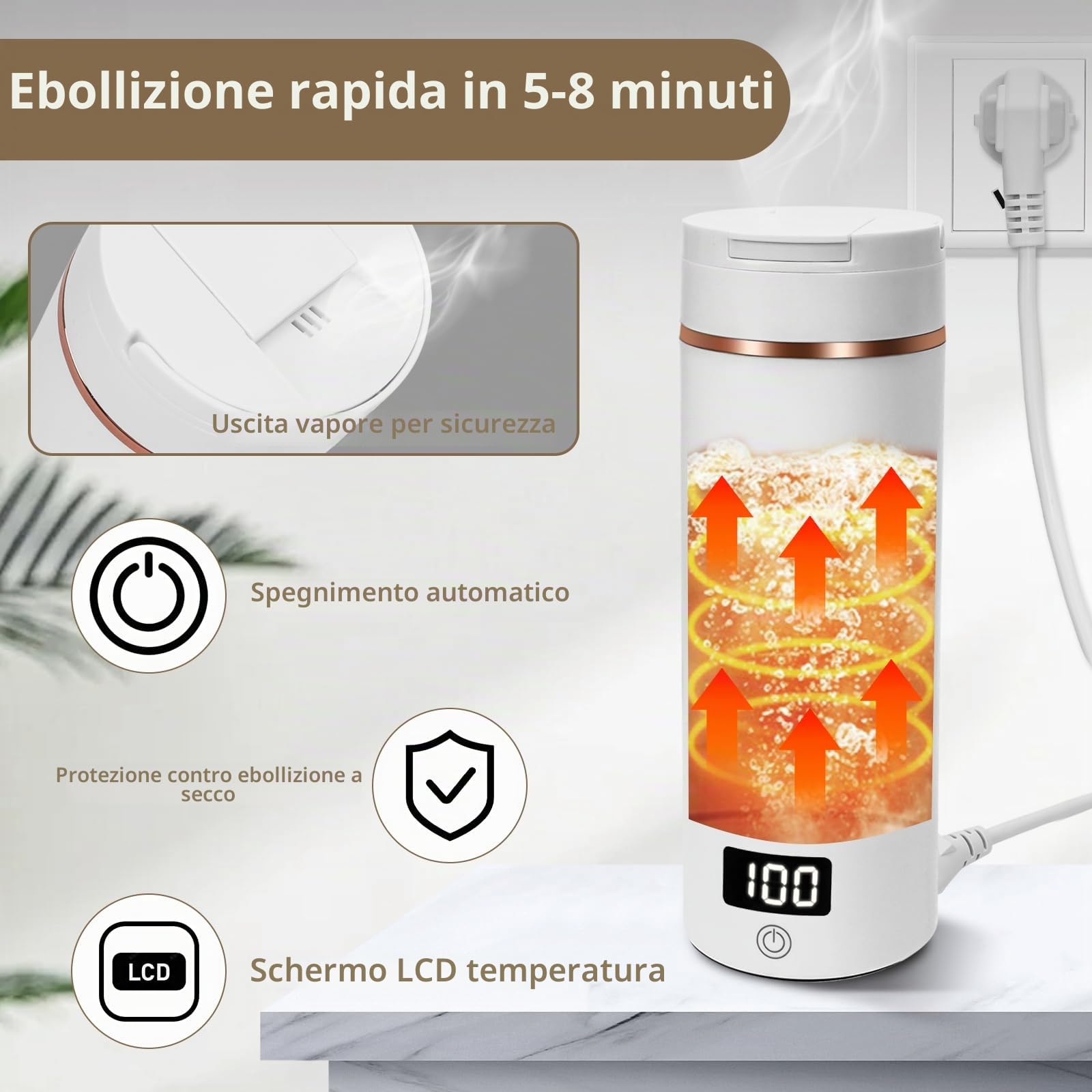 Bollitore da viaggio in acciaio inox 316, 450 ml, 6 impostazioni di temperatura, 240 V/300 W, catena elettrica con spegnimento automatico per tè, caffè
