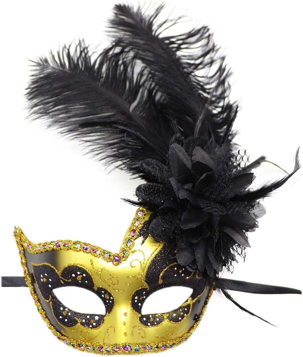 Coolwife Couple Feather Mask Masquerade Halloween Mardi Gras Cosplay Party Costume Masks (Couple Gold Black) - Image 3
