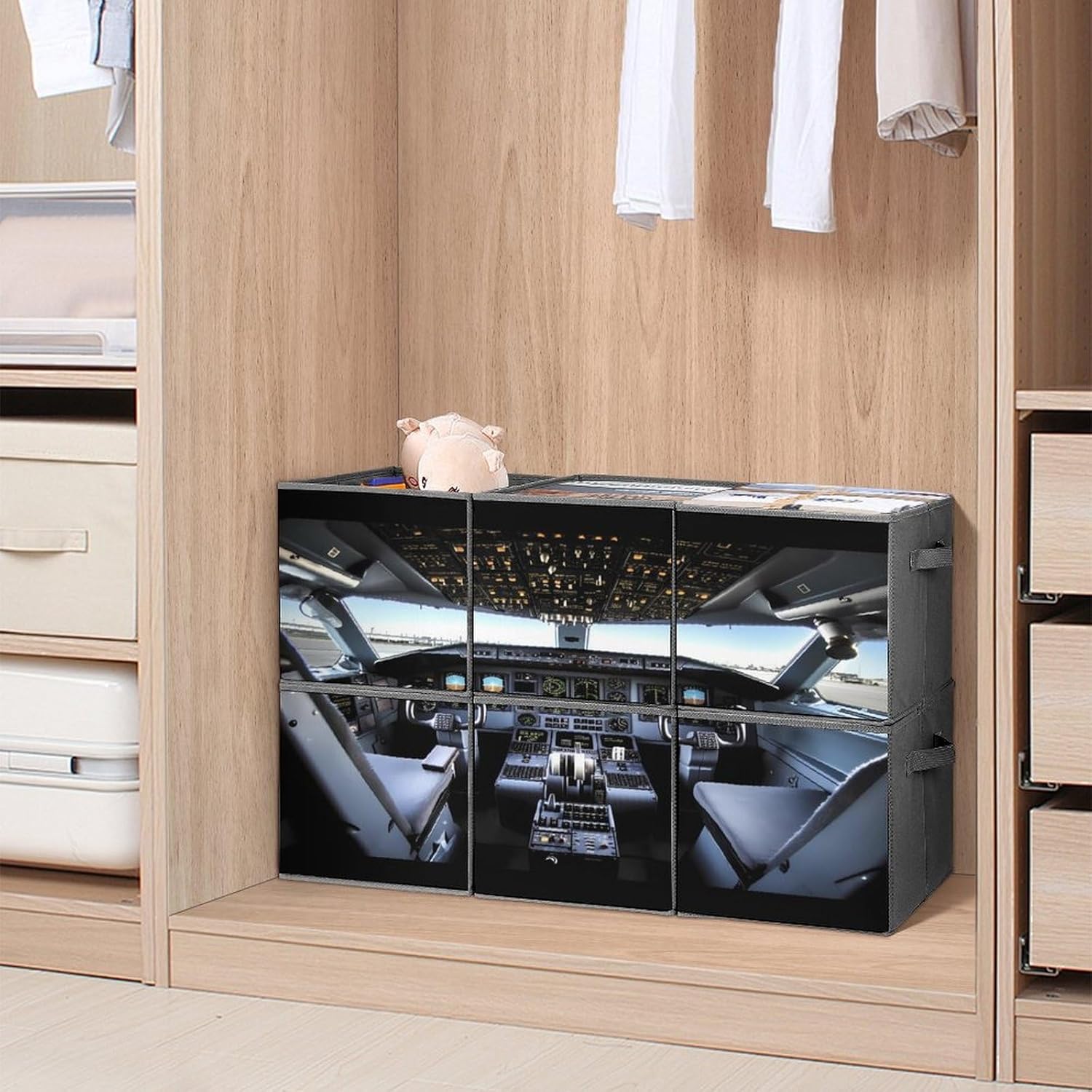 Multi Use Organizer Bins, Airplane Cockpit Printed Storage Bins, Foldable Storage Baskets Are Suitable For Bedrooms, Offices, And Cars