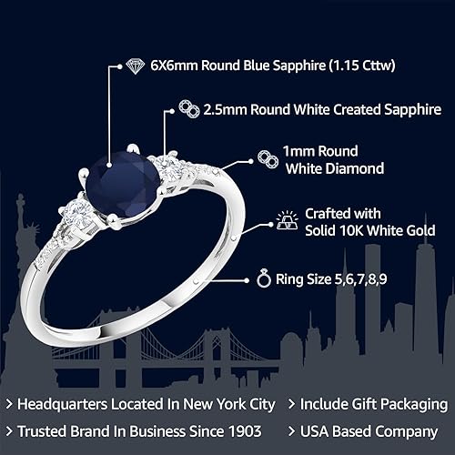 Miniatura 2 de Gem Stone King Anillo de compromiso de 10 quilates de oro blanco con piedra preciosa redonda de 6 mm, zafiro blanco creado y diamante blanco