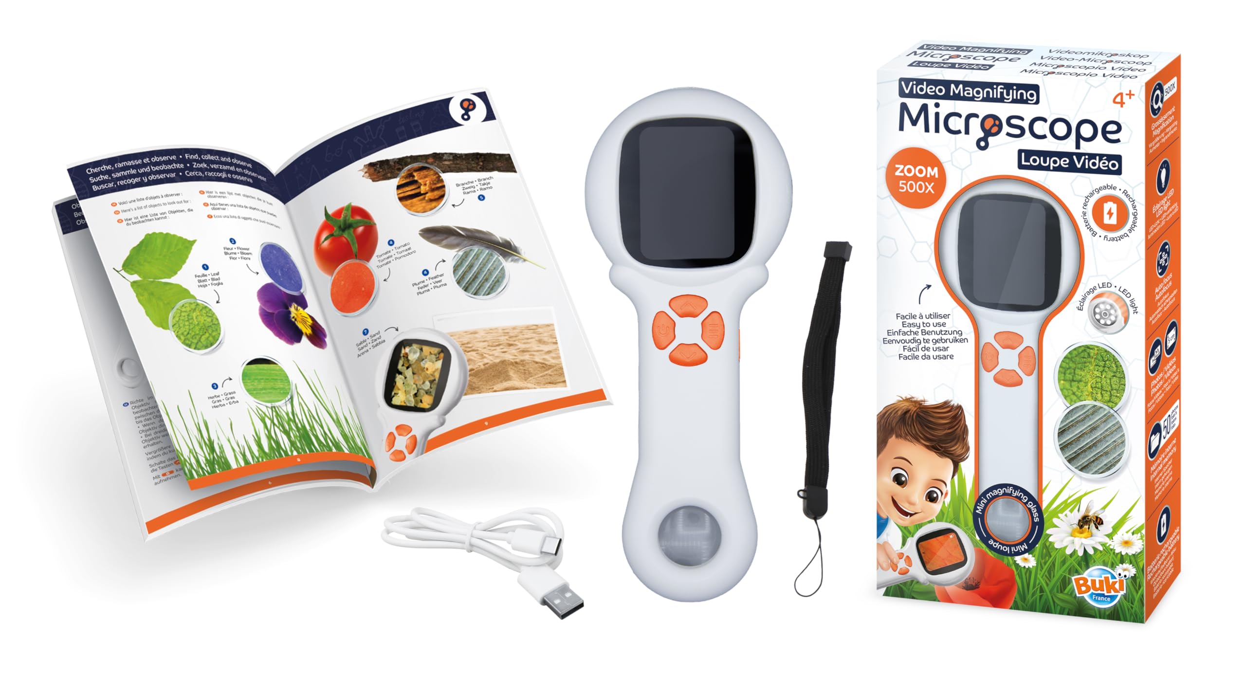 BUKI MR300 - Microscopio Lupa Vídeo Portátil Niños – Zoom 500x con Pantalla, LED y Fotos/vídeo, Juguete científico, +4 años