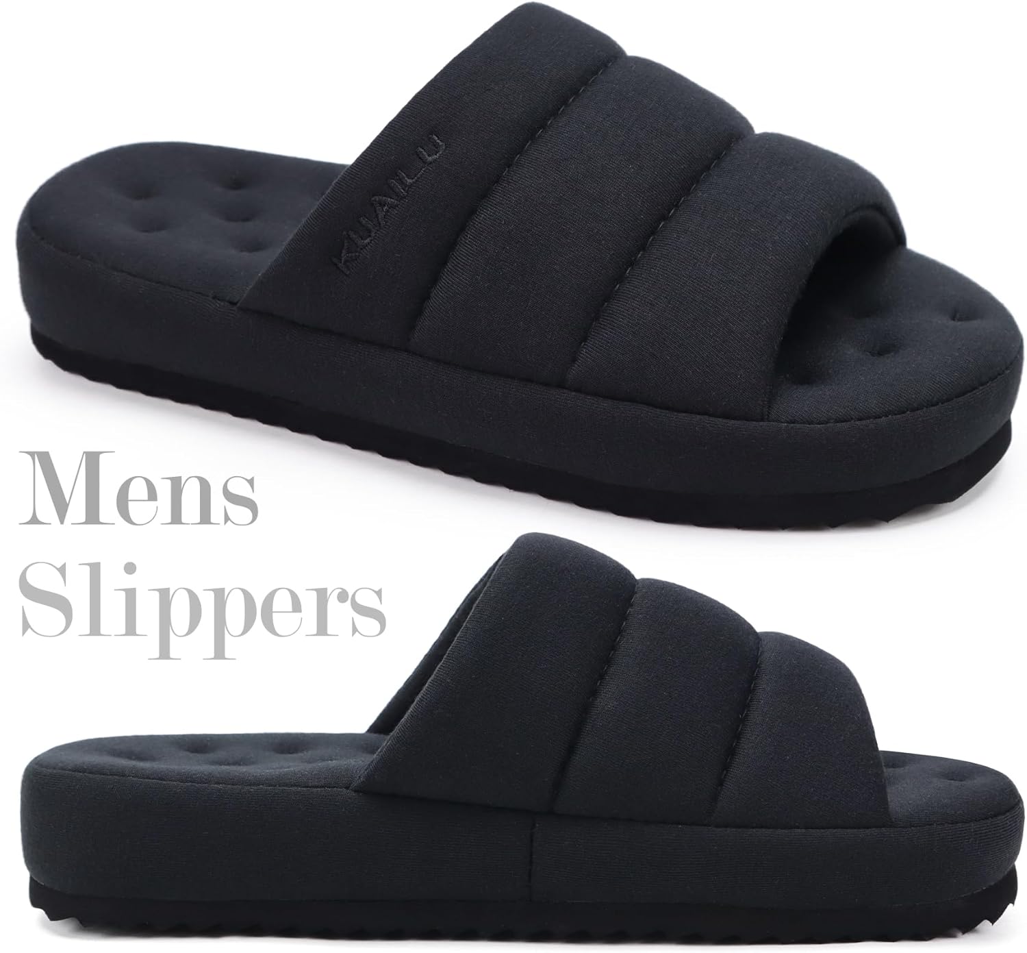 KuaiLu Men's Fashion Quilted Cotton-blend Fabric Sandal Slippers Cozy Memory Foam Indoor/Outdoor House Shoes with Lightweight Soft Cushion Footbed Hard Rubber Sole - Image 7