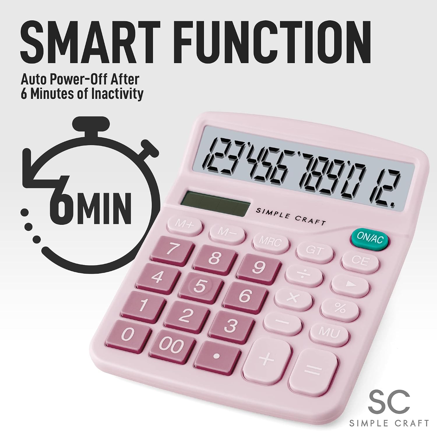 Simple Craft 12-Digit Desk Calculator Large Display 4” LCD Screen - Solar Powered Office Calculators Desktop Tool with Big Sensitive Buttons - Handheld Basic Calculator for Home and Office (Pink)