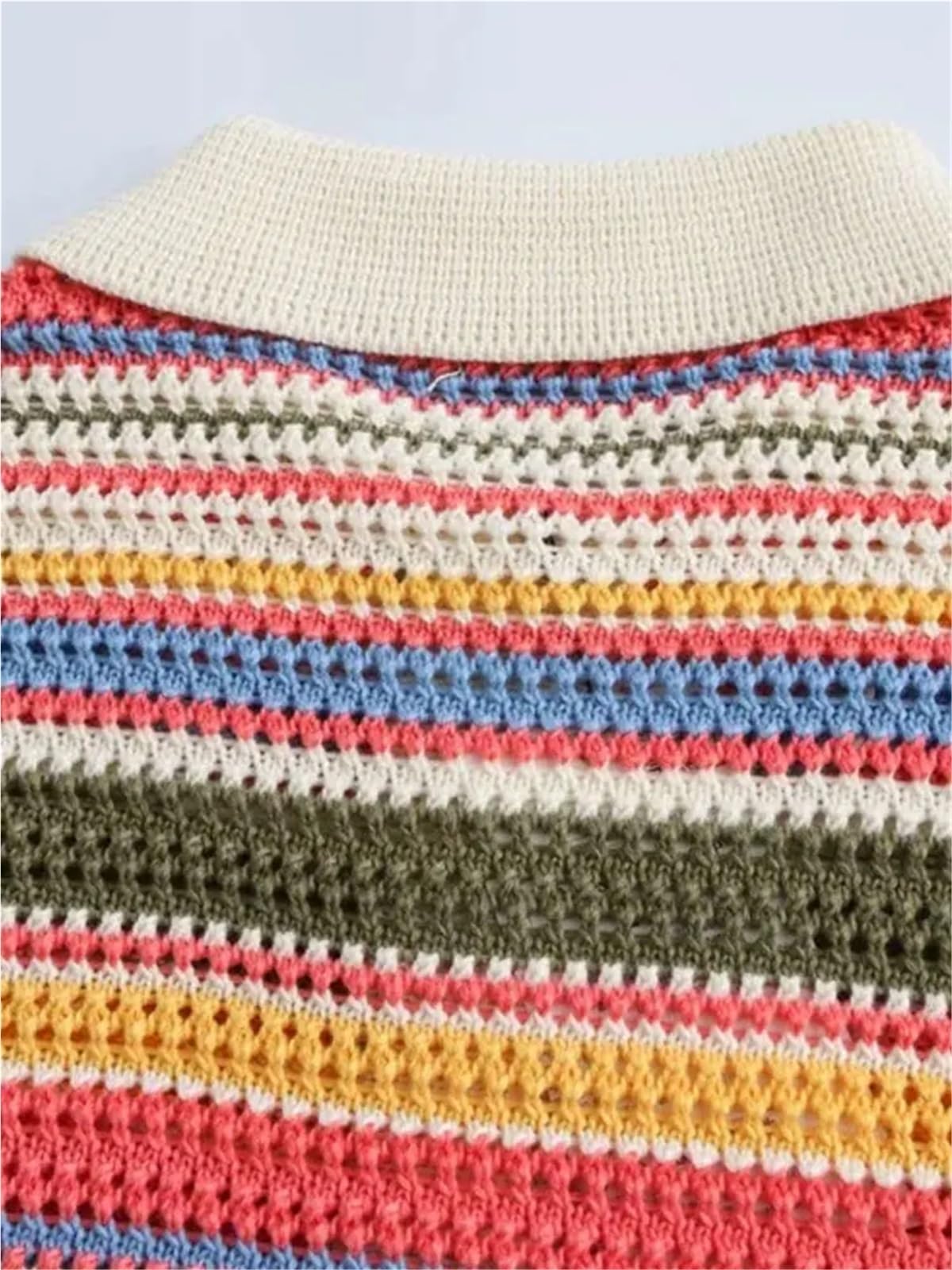 Cardigan Mujer Corta Suéter de Punto Crochet a Rayas, Cuello Polo, Manga Corta, Abotonado, Ropa Abrigo