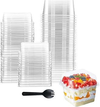 Hniuyun 50 Pack 8 oz Plastic Dessert Cups with Lids and Spoons | PET, clear square container, reusable, BPA-free, stackable, for cupcakes, pudding, yogurt Fruit, mousse, ice Cream